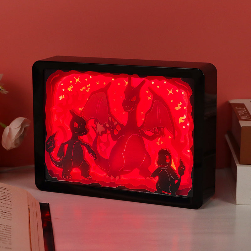 Pokemon Charmander Anime Light Box Paper Craving Lamp(Black Shadow Box Frame)