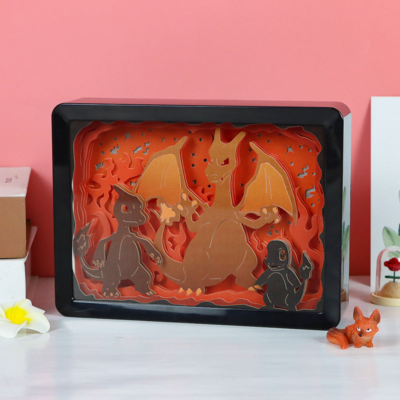 Pokemon Charmander Anime Light Box Paper Craving Lamp(Black Shadow Box Frame)