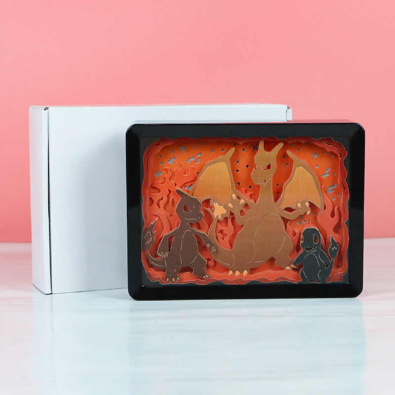 Pokemon Charmander Anime Light Box Paper Craving Lamp(Black Shadow Box Frame)