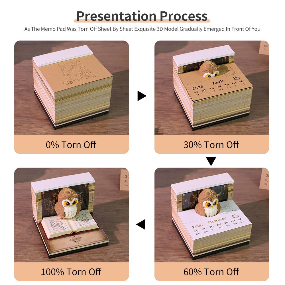 Magic OWL 3D Model Hand Torn Memo Pad With Weekly Calendar 2026