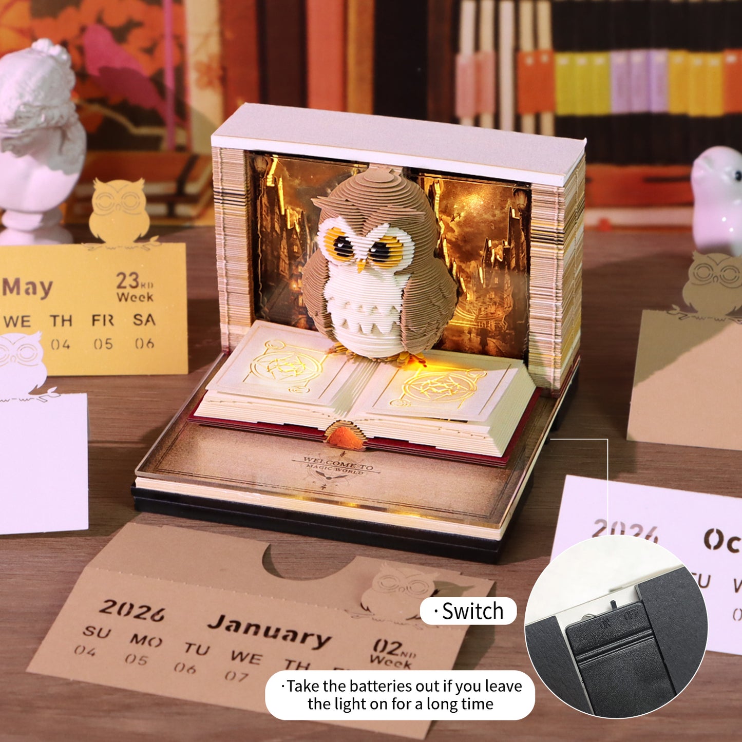 Magic OWL 3D Model Hand Torn Memo Pad With Weekly Calendar 2026