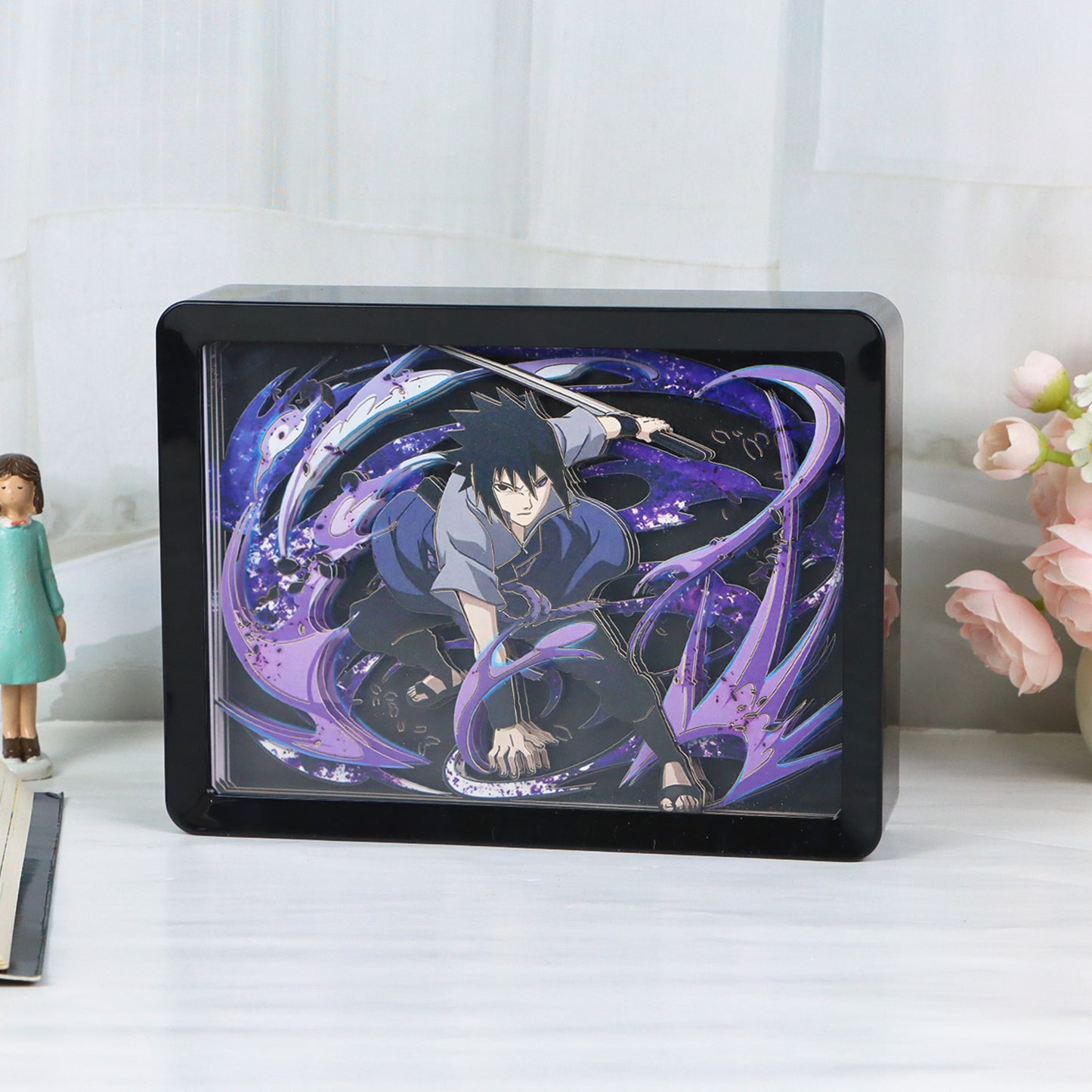 Uchiha Sasuke Naruto Anime Light Box Paper Craving Lamp(Black Shadow Box Frame)