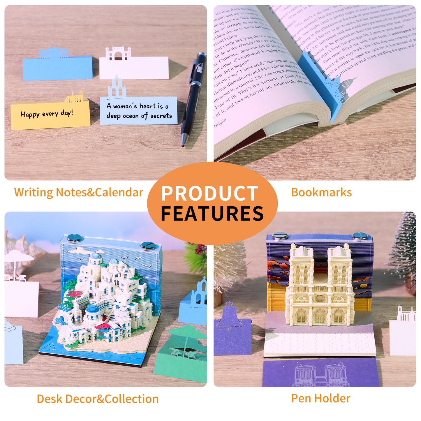 Notre Dame Cathedral,United States Capitol,Santorini and Taj Mahal 3D Miniature Model Hand Torn Memo Pad