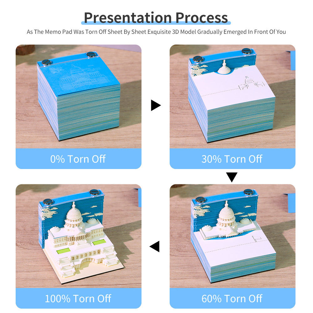 Notre Dame Cathedral,United States Capitol,Santorini and Taj Mahal 3D Miniature Model Hand Torn Memo Pad
