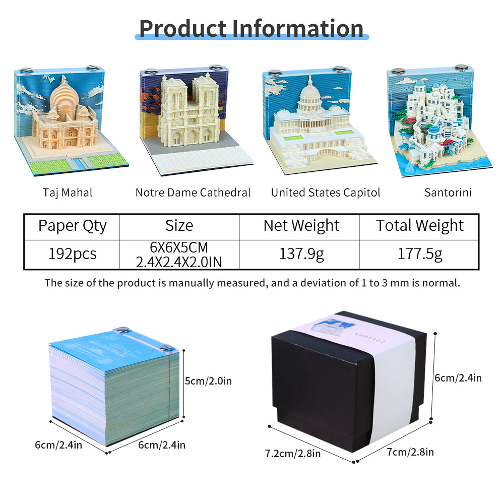 Notre Dame Cathedral,United States Capitol,Santorini and Taj Mahal 3D Miniature Model Hand Torn Memo Pad