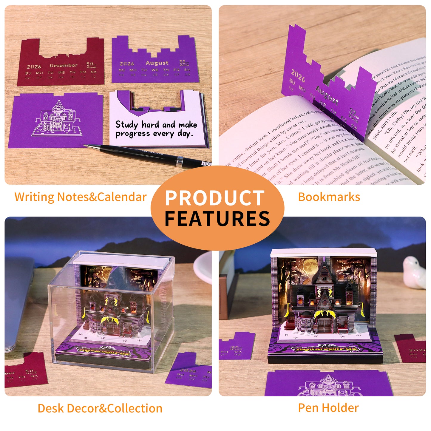 Wizard World Magic Broom Pub Miniature Hand Tear off 3D Calendar Memo Pad With Light