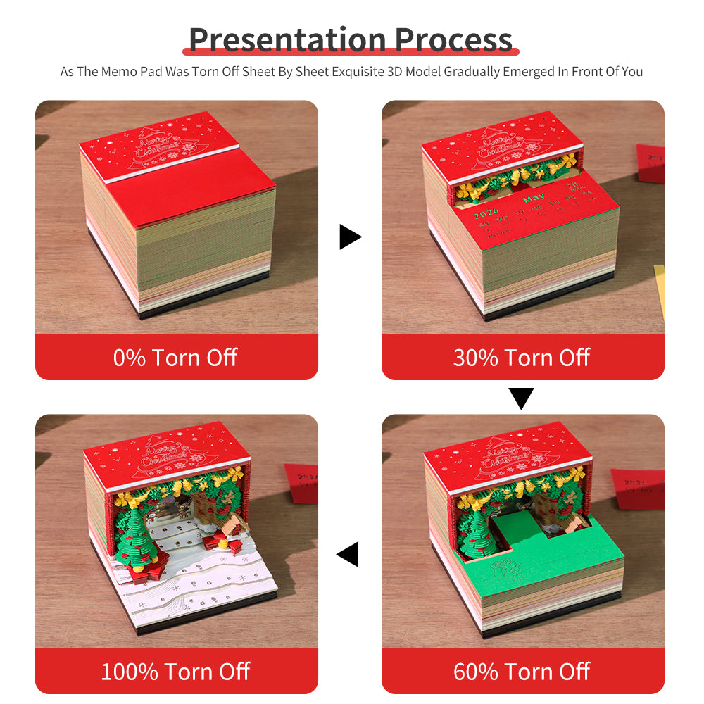Christmas Tree and Santa House 3D Model Hand Torn Memo Pad With Weekly Calendar 2026