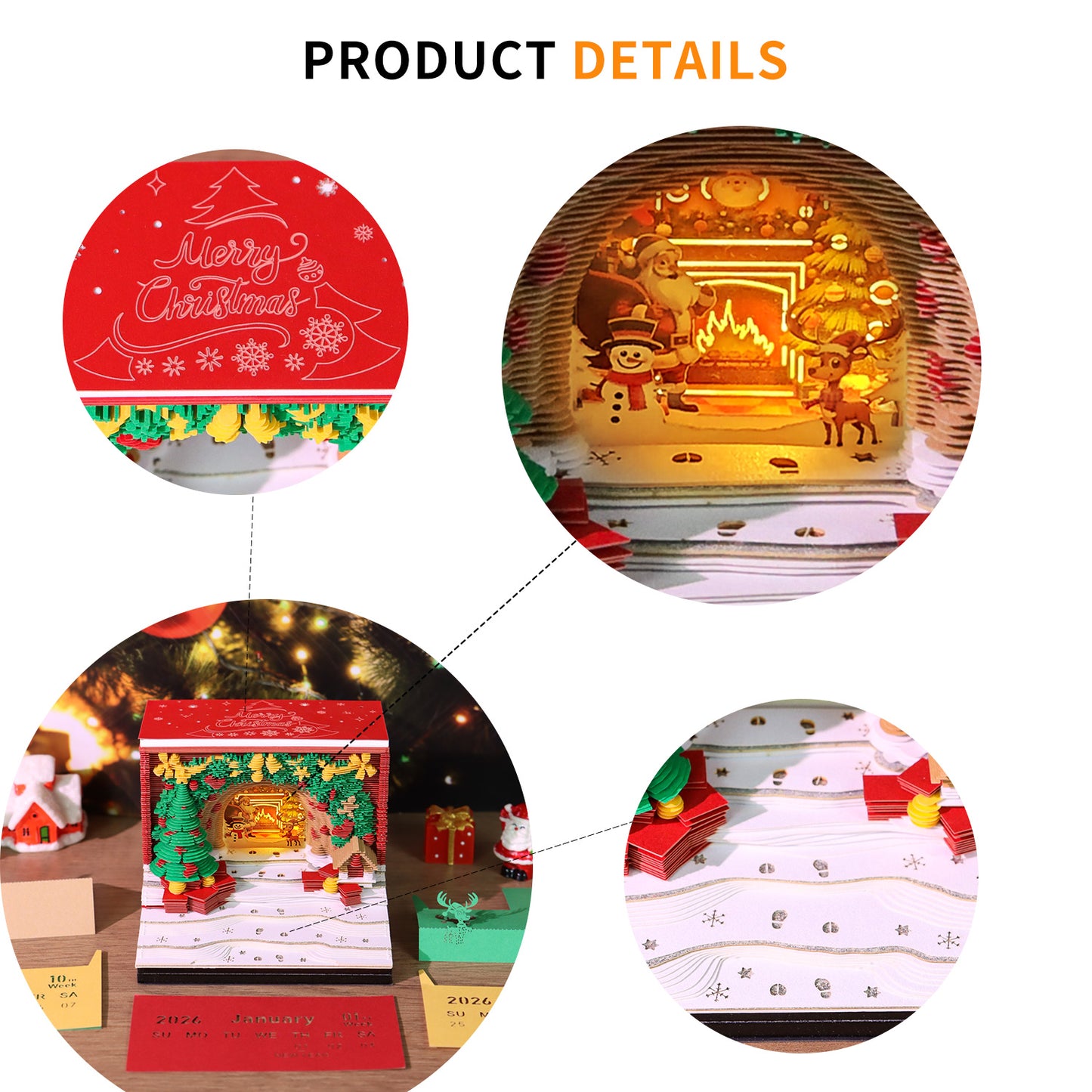 Christmas Tree and Santa House 3D Model Hand Torn Memo Pad With Weekly Calendar 2026