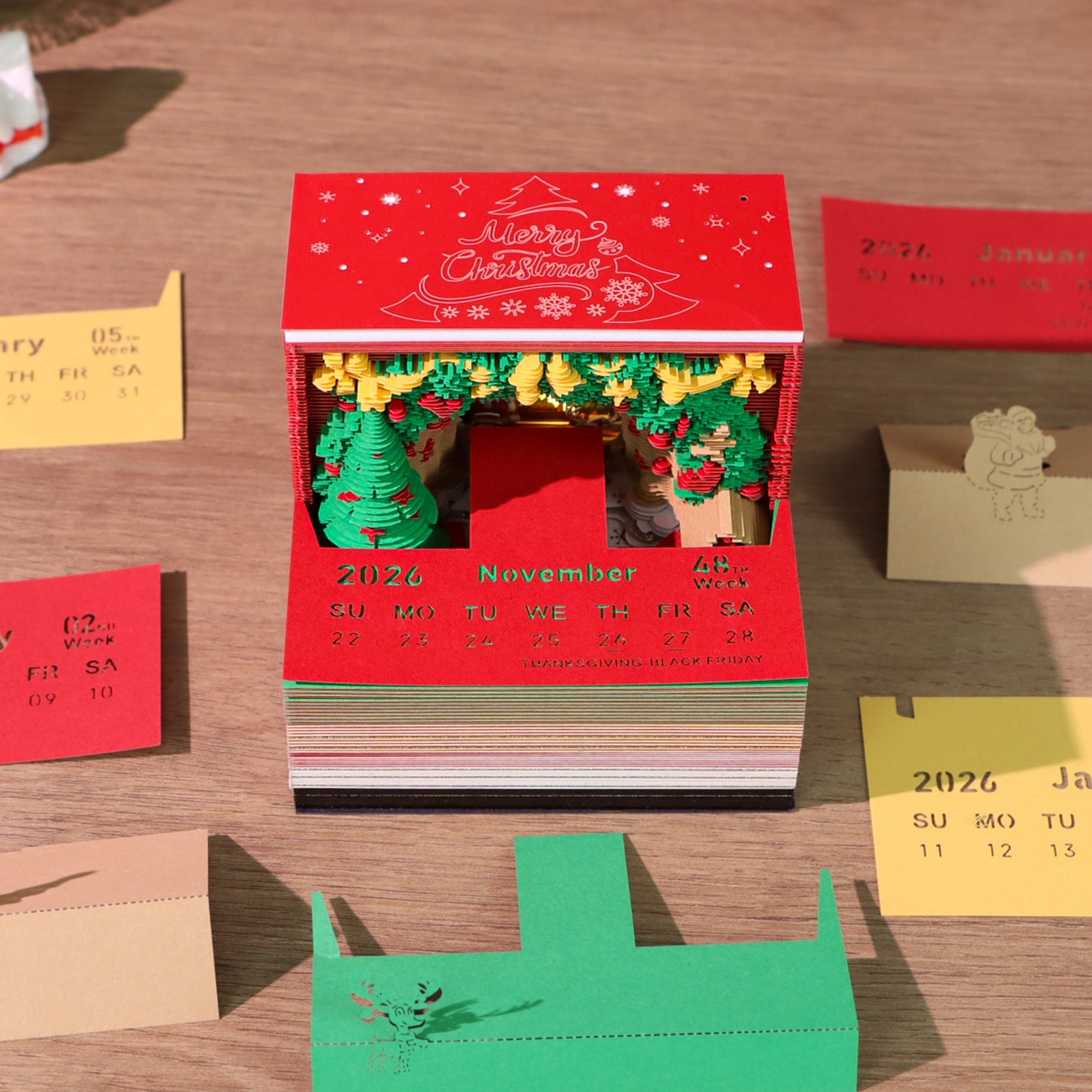 Christmas Tree and Santa House 3D Model Hand Torn Memo Pad With Weekly Calendar 2026