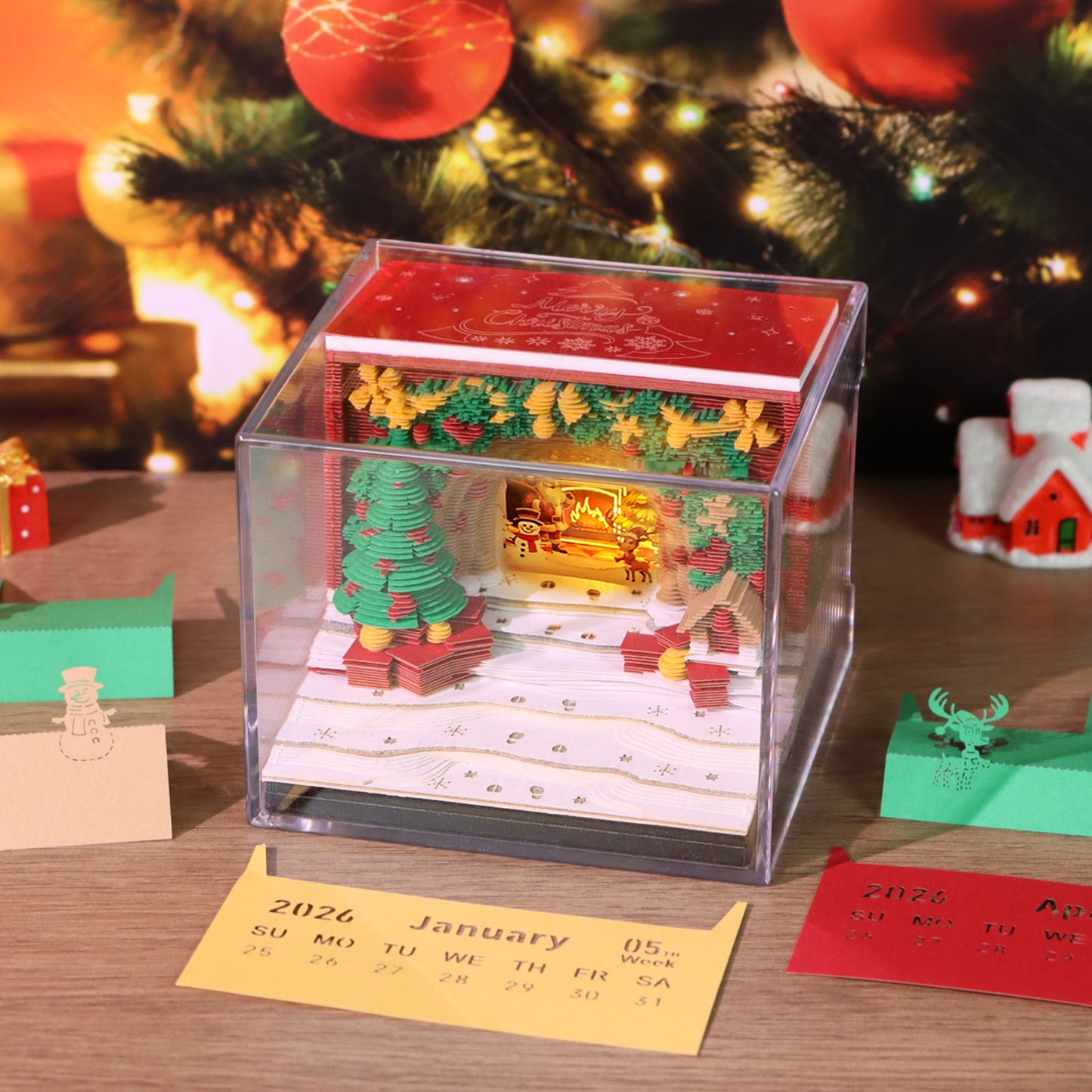 Christmas Tree and Santa House 3D Model Hand Torn Memo Pad With Weekly Calendar 2026
