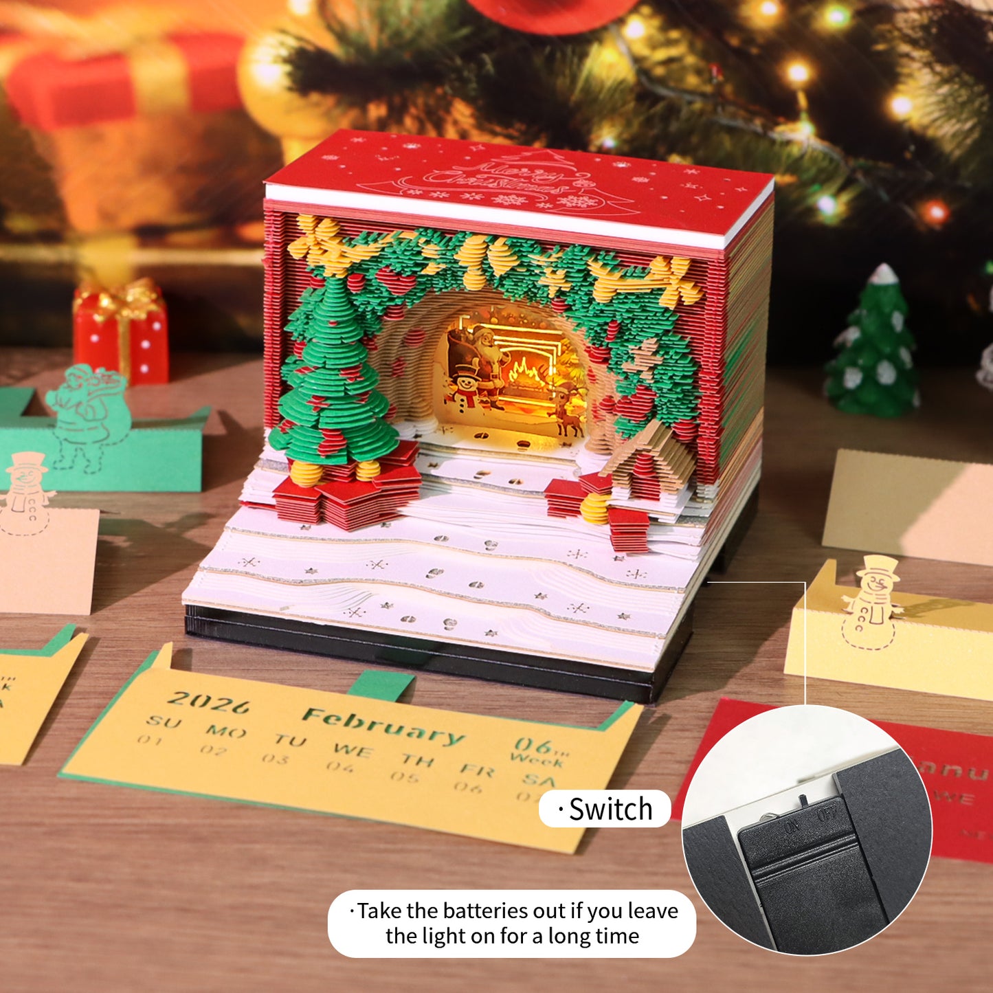 Christmas Tree and Santa House 3D Model Hand Torn Memo Pad With Weekly Calendar 2026