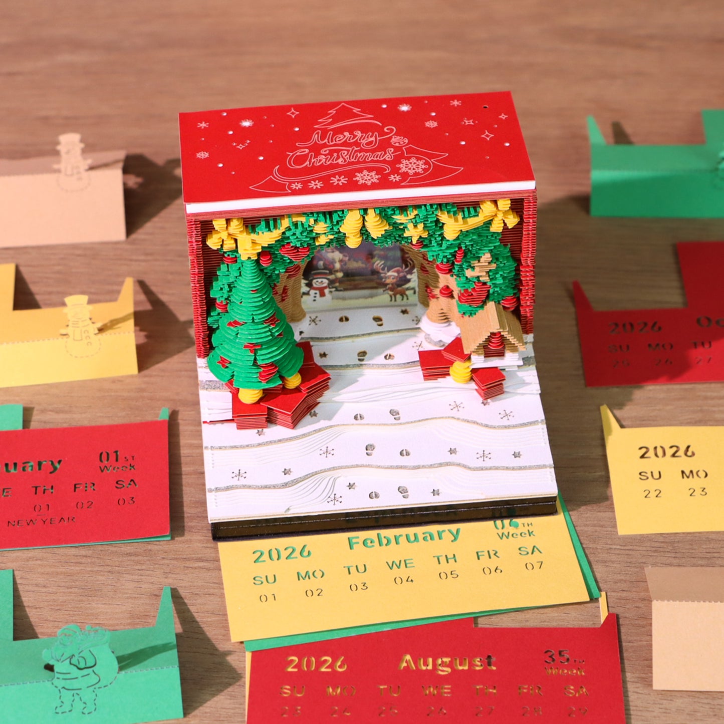 Christmas Tree and Santa House 3D Model Hand Torn Memo Pad With Weekly Calendar 2026