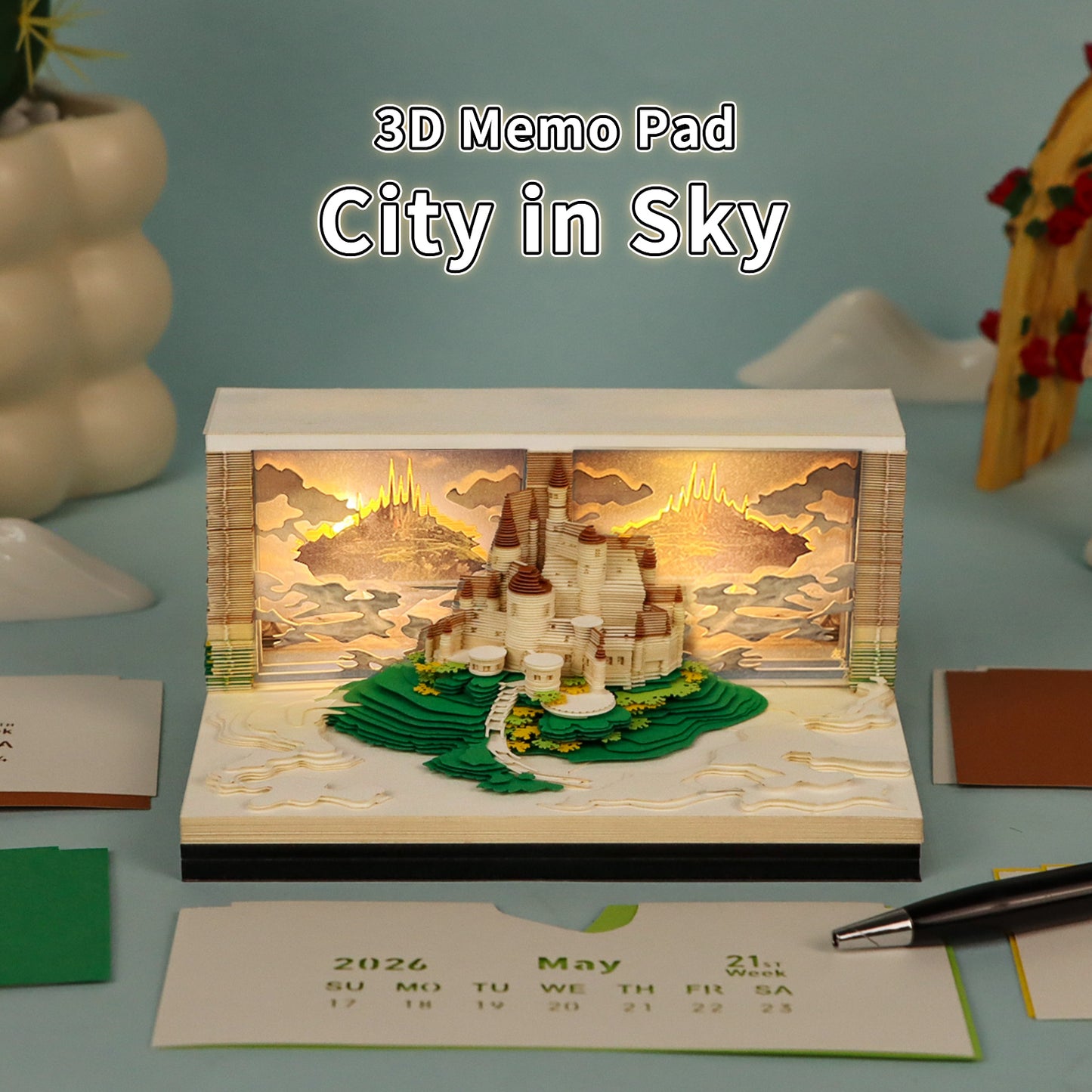 Castle in the Sky 3D Model Hand Torn Memo Pad With Weekly Calendar 2026