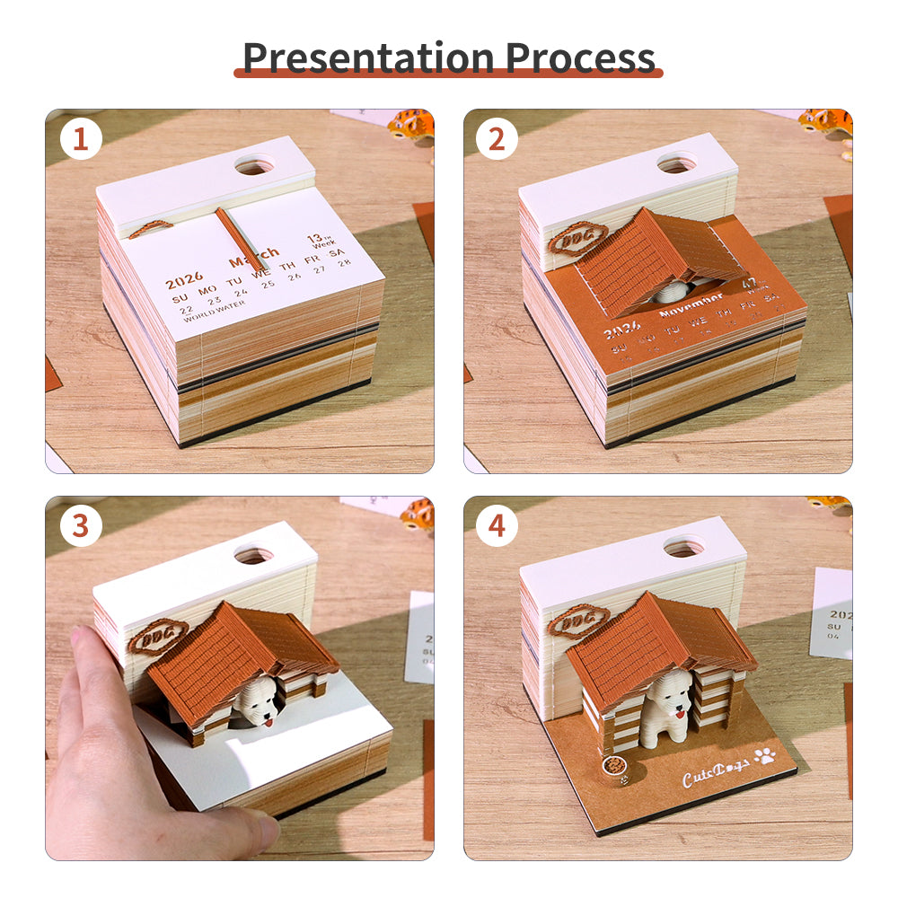Cute Dog Cottage 3D Model Hand Torn Memo Pad With Weekly Calendar 2026
