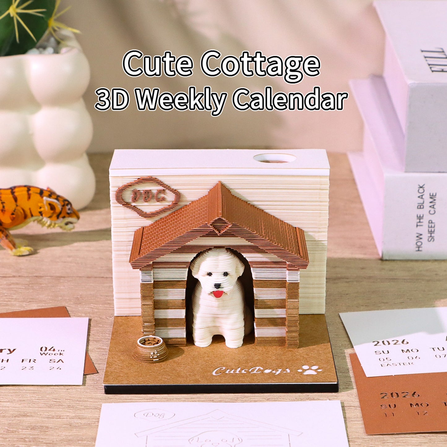 Cute Dog Cottage 3D Model Hand Torn Memo Pad With Weekly Calendar 2026