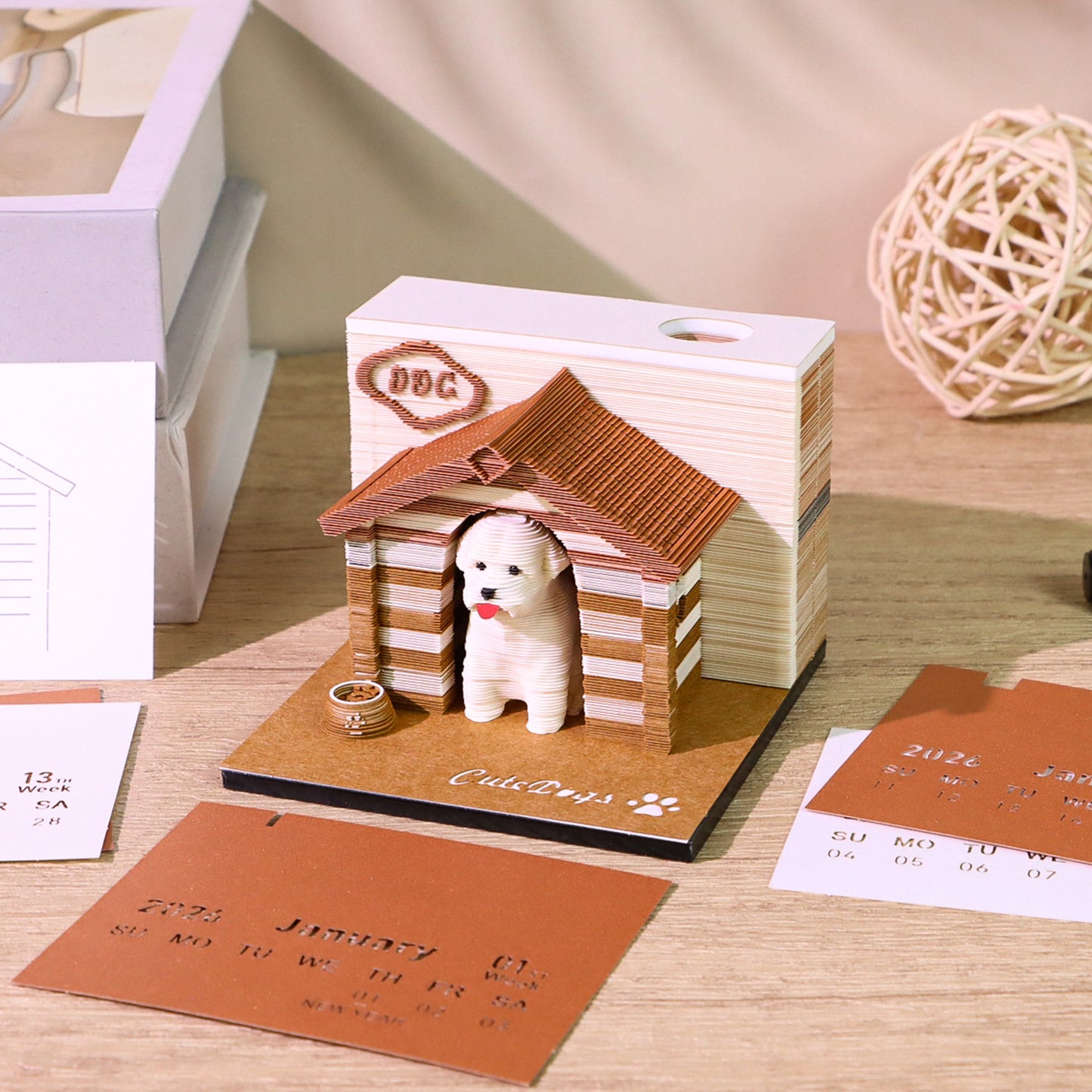 Cute Dog Cottage 3D Model Hand Torn Memo Pad With Weekly Calendar 2026