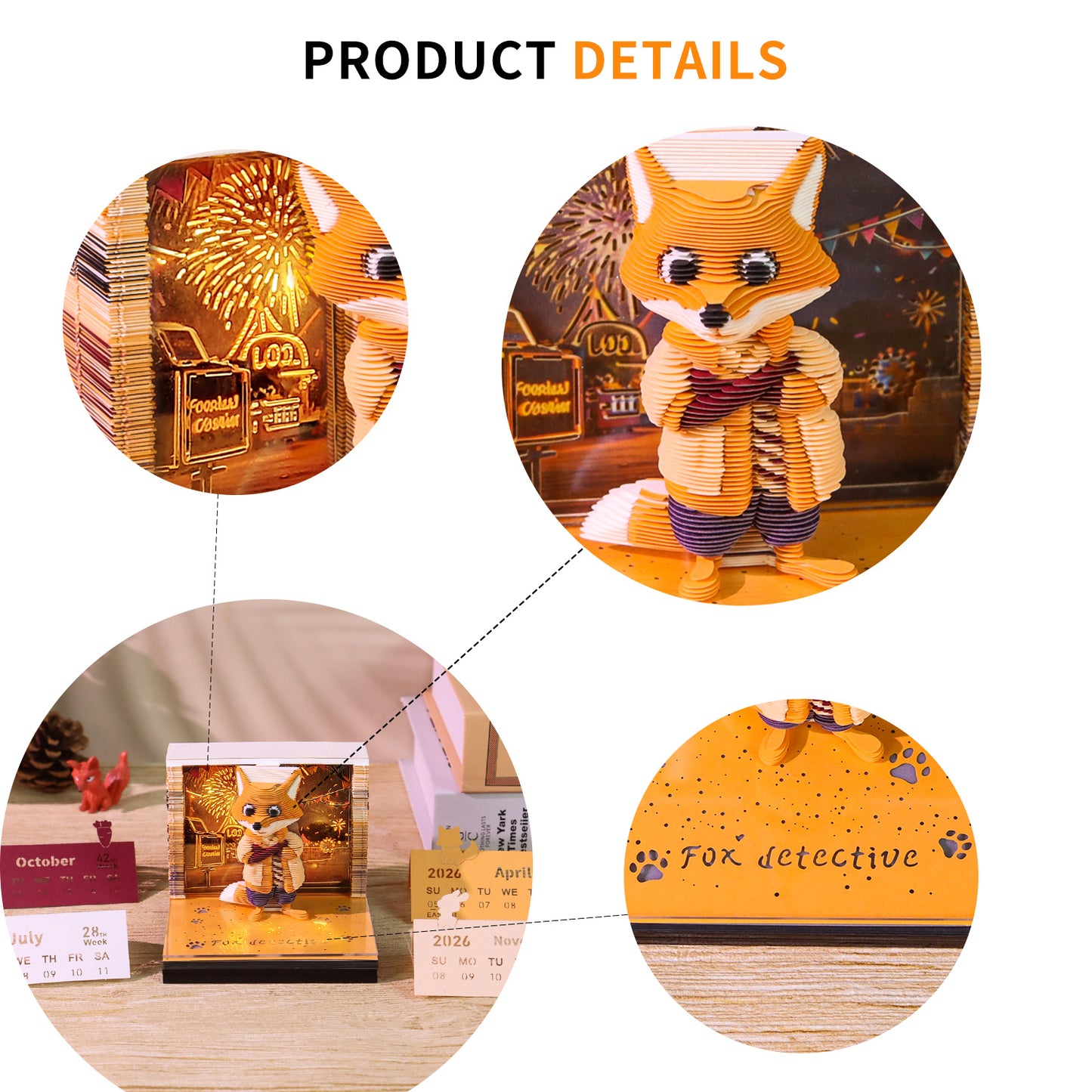 Cute Detective Fox Cartoon 3D Calendar Memo Pad With Light
