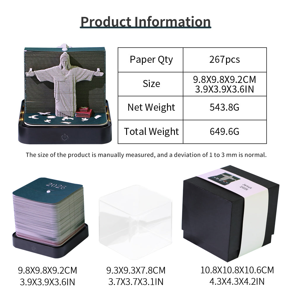 Jesus and Cross 3D Model Hand Torn Memo Pad With Daily Calendar 2026