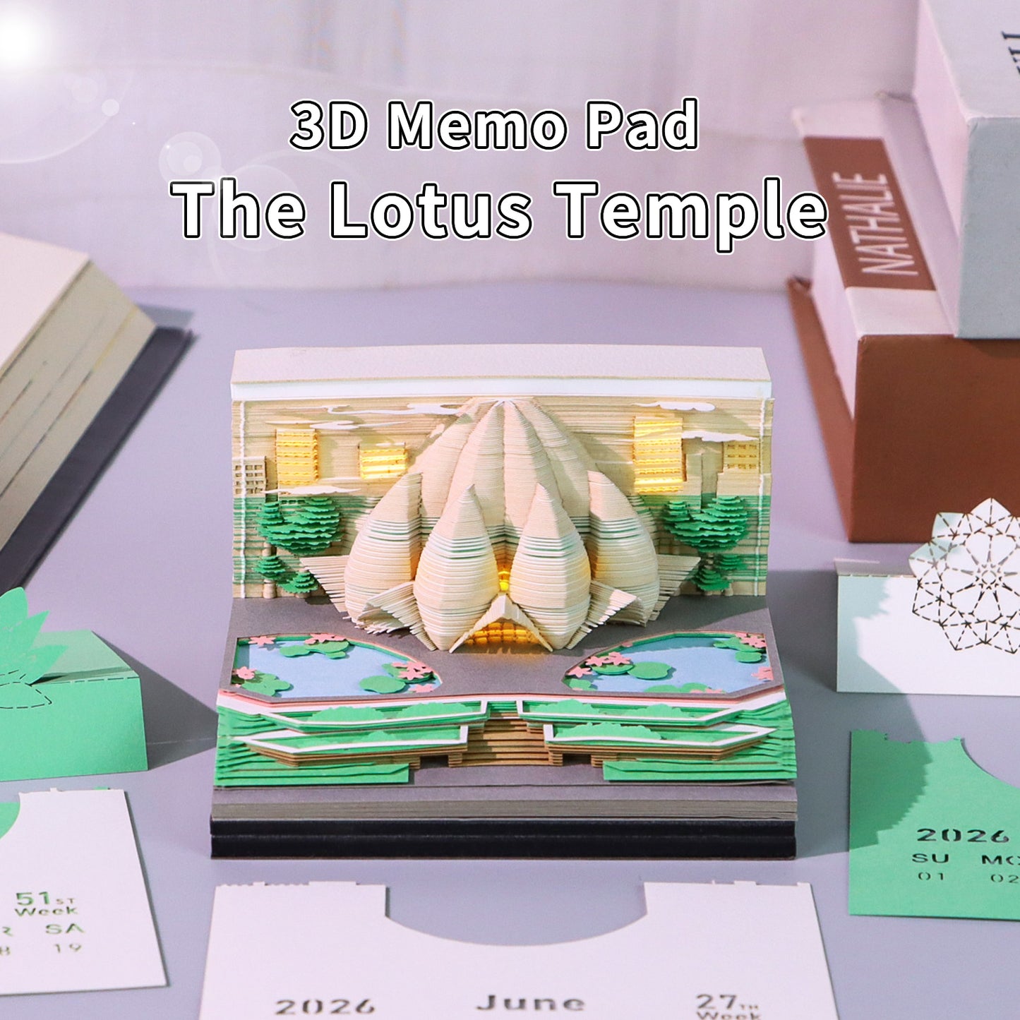 Indian Lotus Temple 3D Model Hand Torn Memo Pad With Weekly Calendar 2026