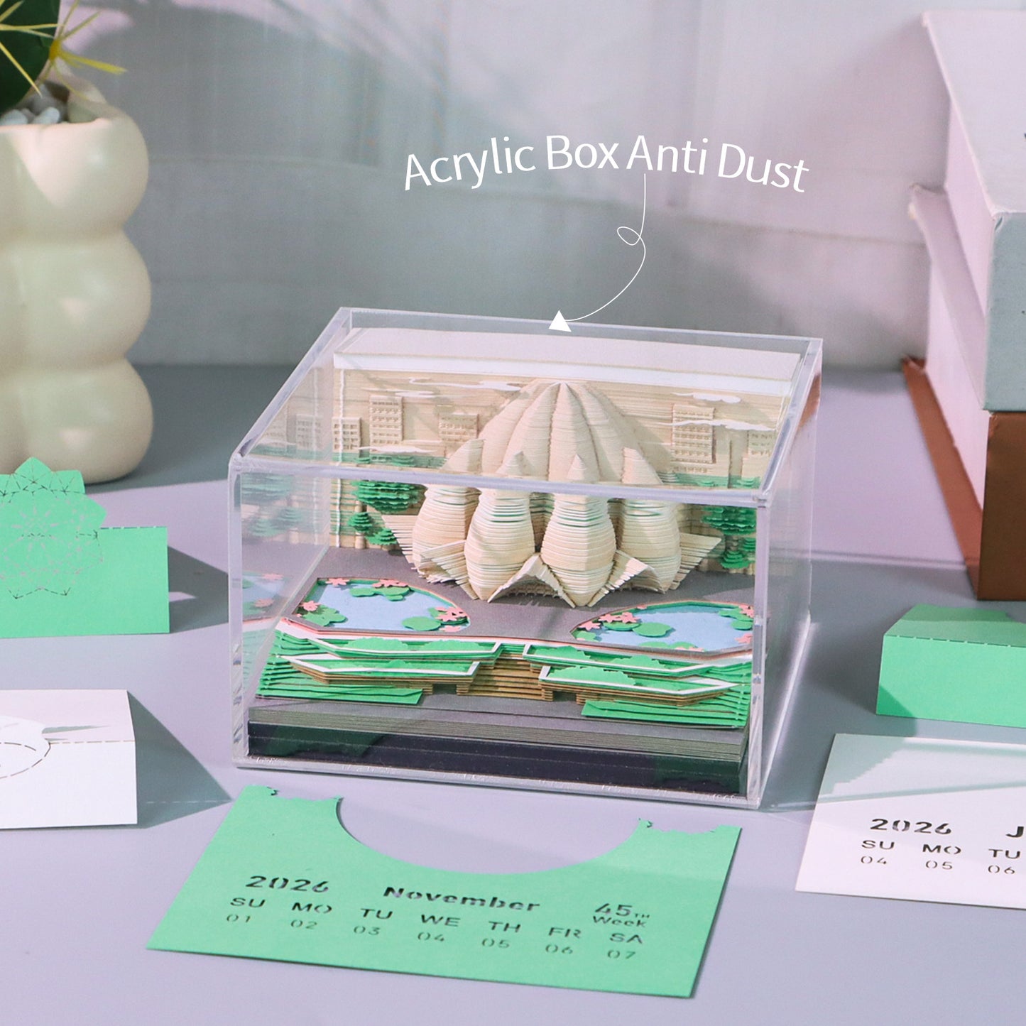 Indian Lotus Temple 3D Model Hand Torn Memo Pad With Weekly Calendar 2026