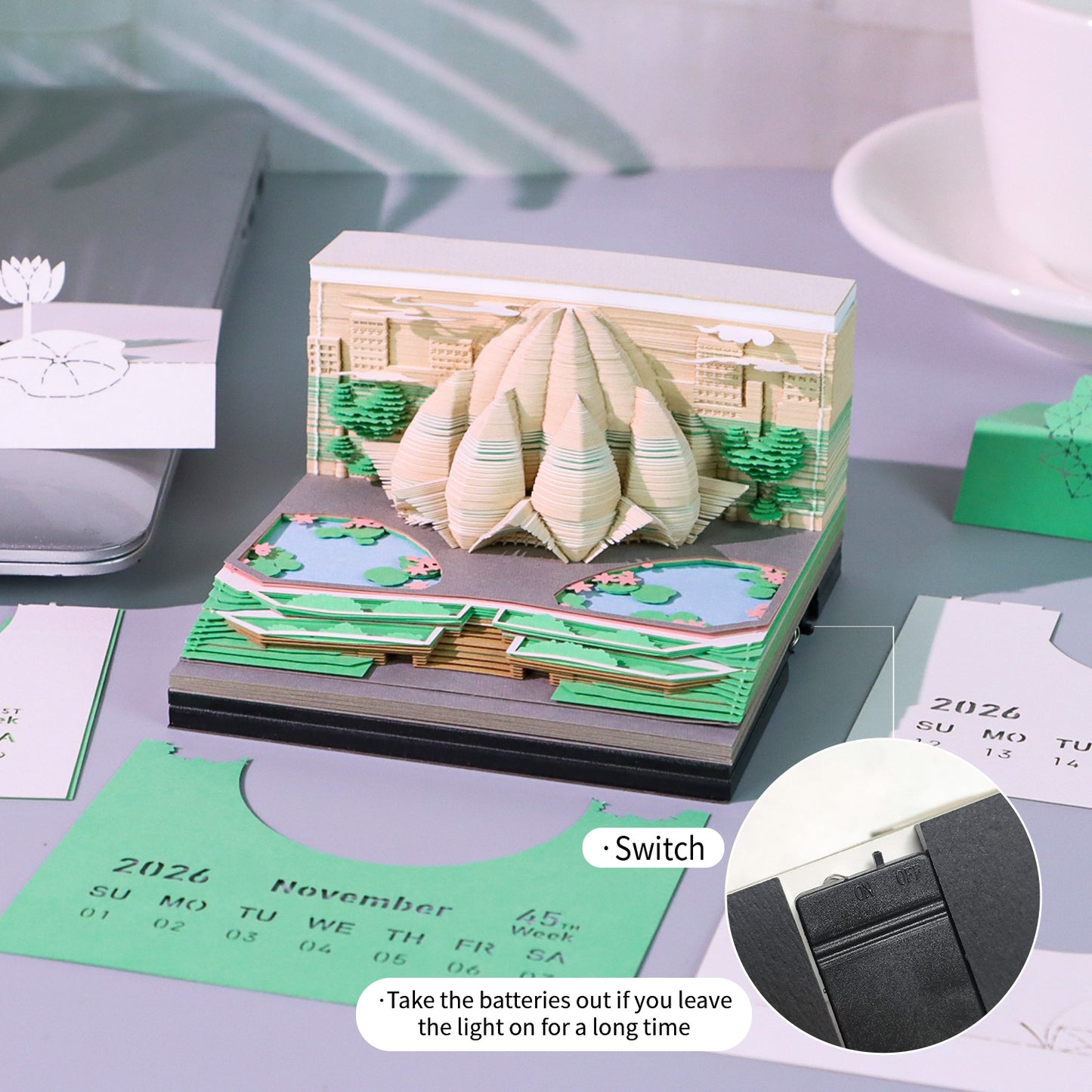 Indian Lotus Temple 3D Model Hand Torn Memo Pad With Weekly Calendar 2026