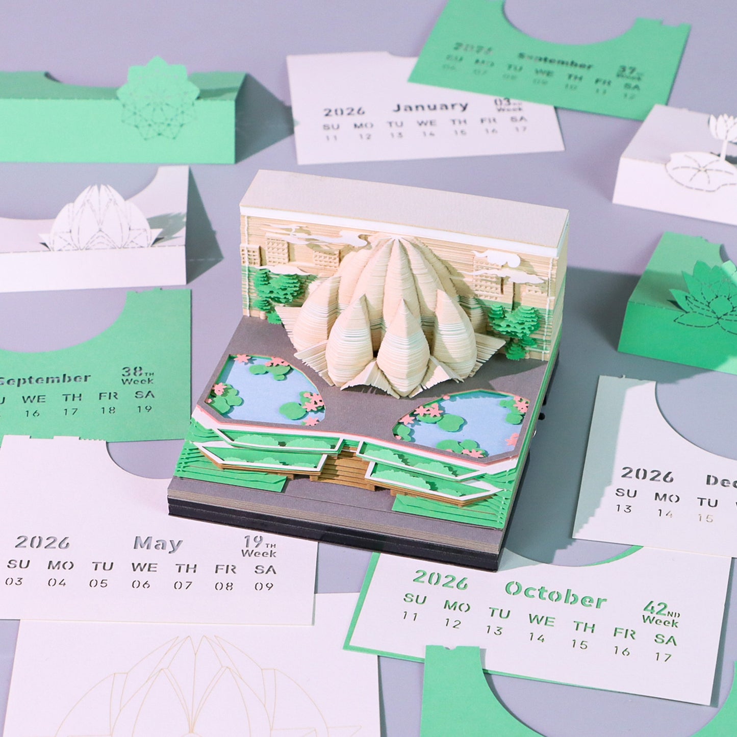 Indian Lotus Temple 3D Model Hand Torn Memo Pad With Weekly Calendar 2026