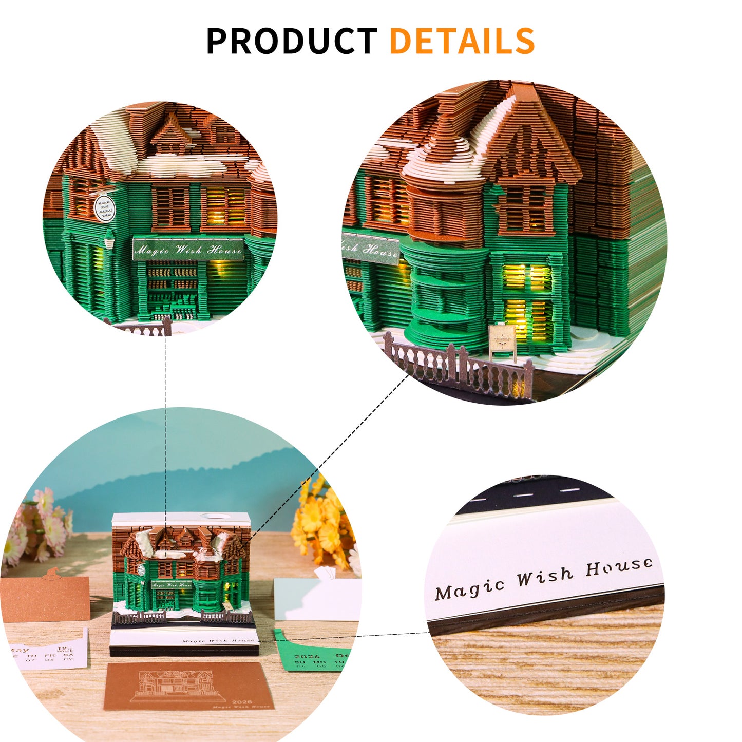 Magic Wish House Diorama Model Hand Tear off 3D Calendar Memo Pad with Light