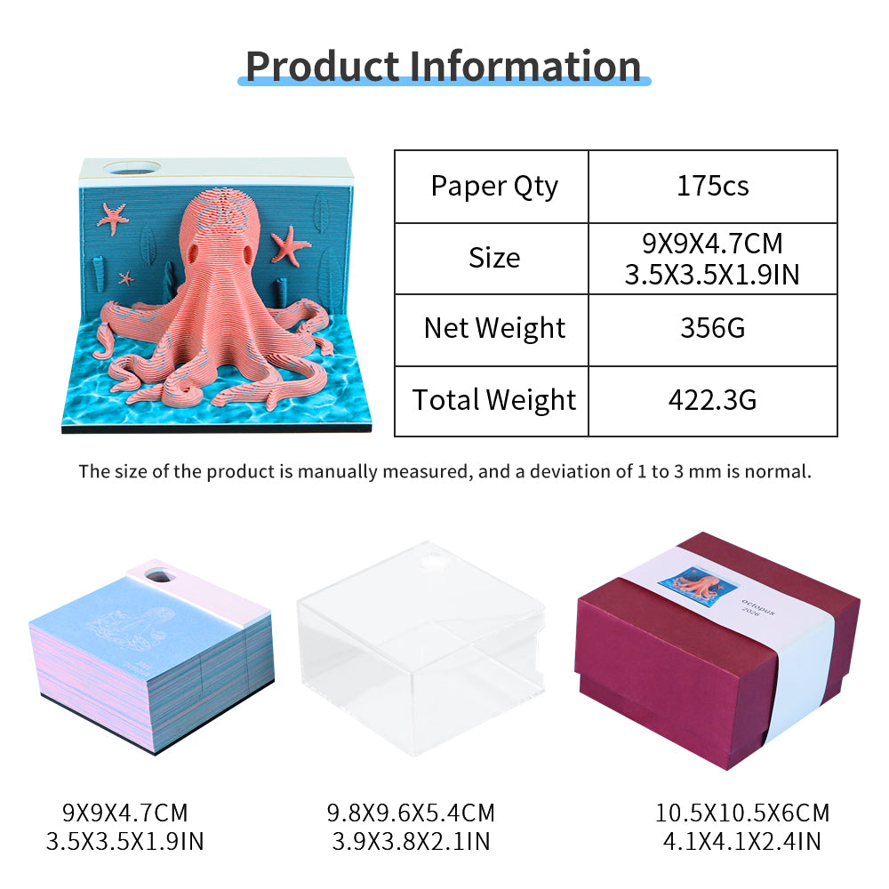 Octopus Figure Model Hand Tear off 3D Calendar Memo Pad