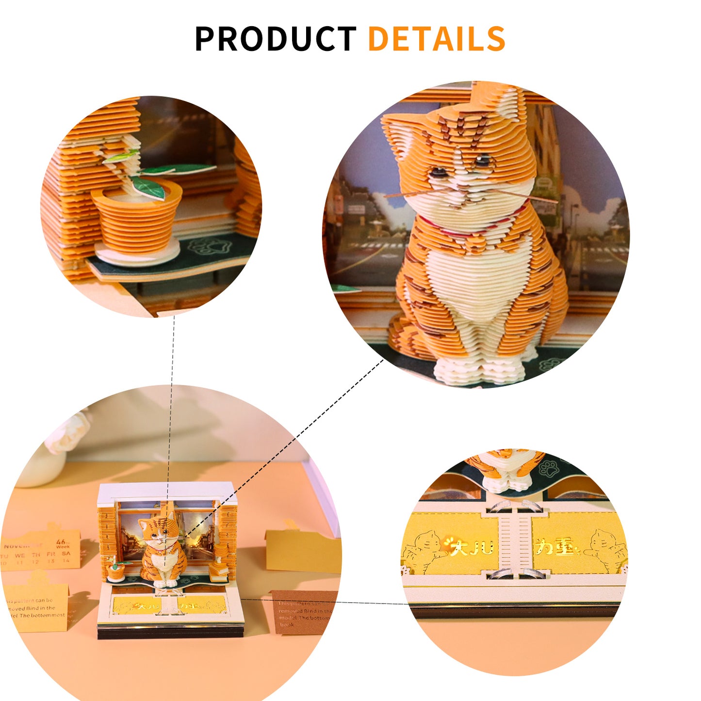 Orange Cat Pet Miniature Hand Tear off 3D Calendar Memo Pad With Light