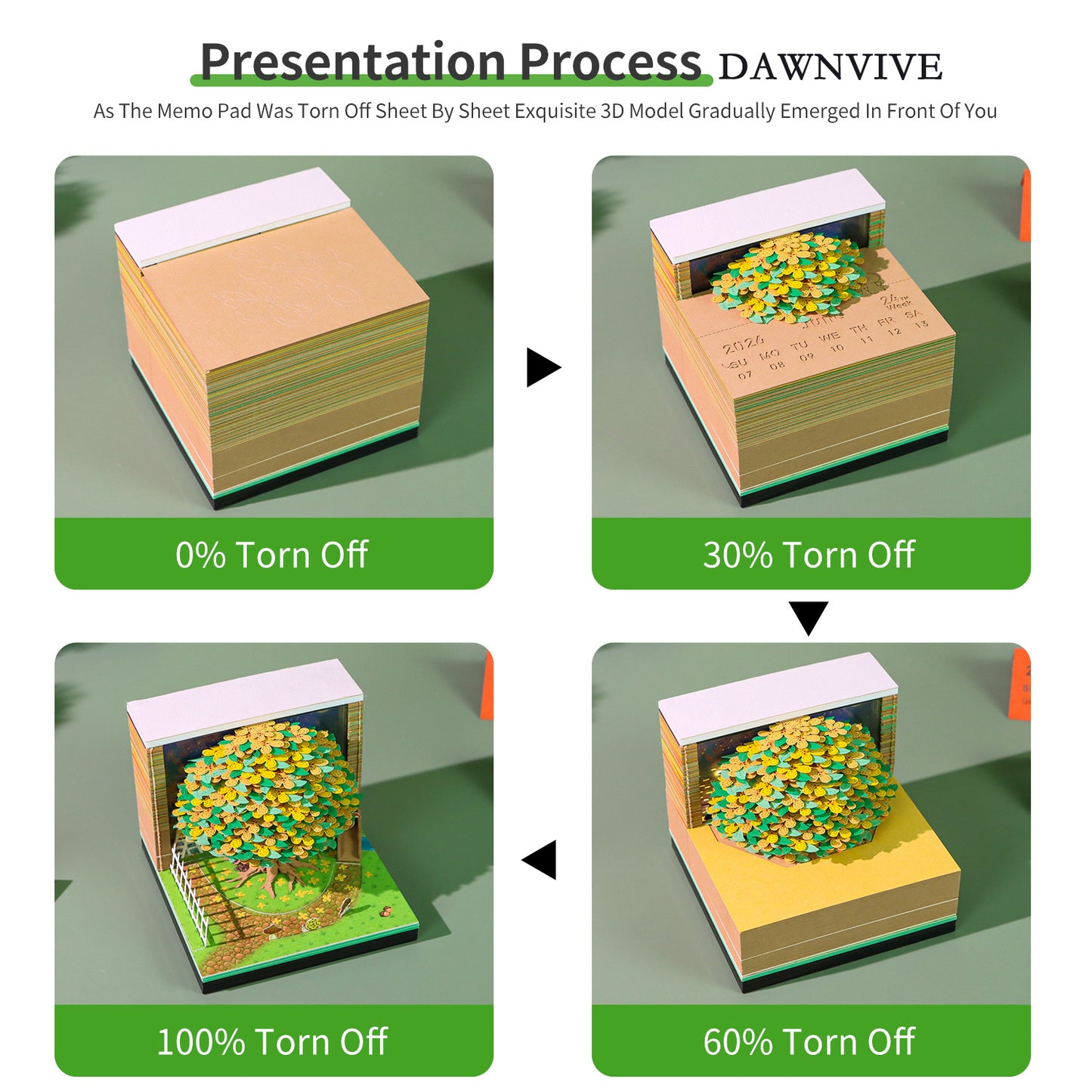 DAWNVIVE 3D Osmanthus Tree Model Hand Tear off 3D Memo Pad with Light
