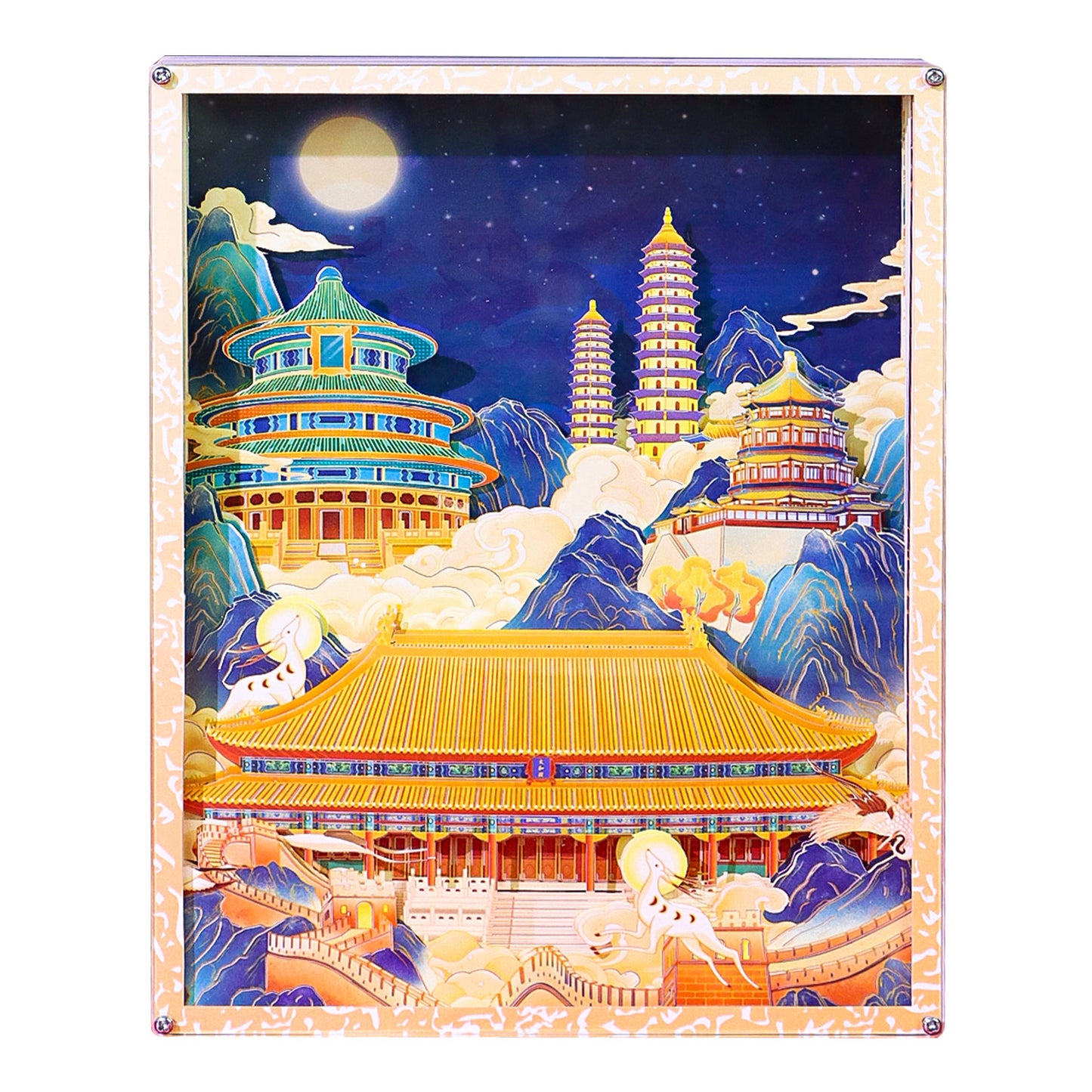 Traditional Building Style Paper Craving Lamp With Calendar Sheets(Acrylic Shadow Box Frame)
