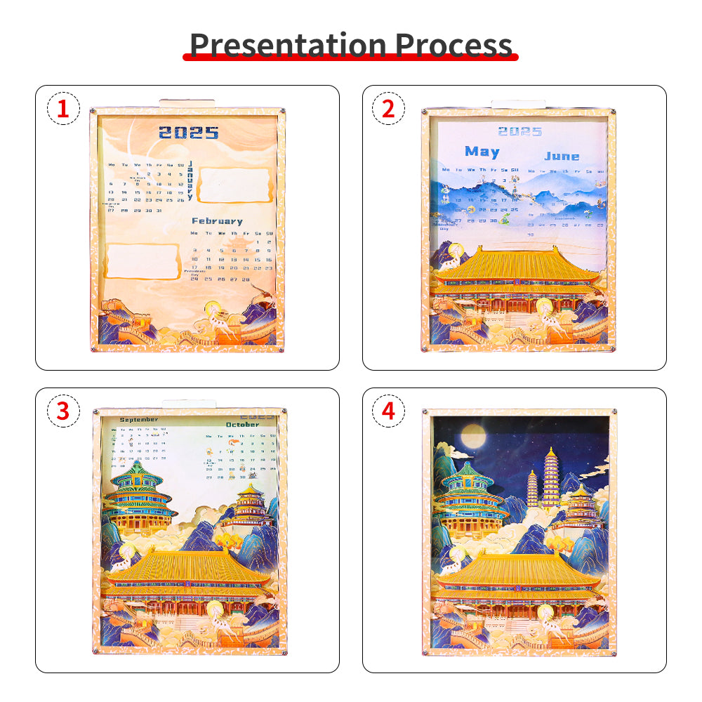 Traditional Building Style Paper Craving Lamp With Calendar Sheets(Acrylic Shadow Box Frame)