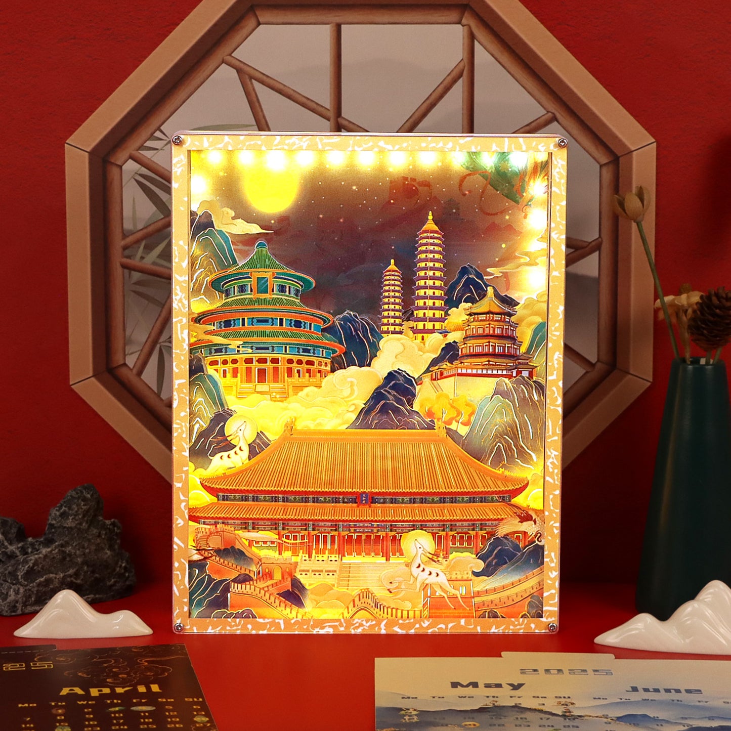 Traditional Building Style Paper Craving Lamp With Calendar Sheets(Acrylic Shadow Box Frame)