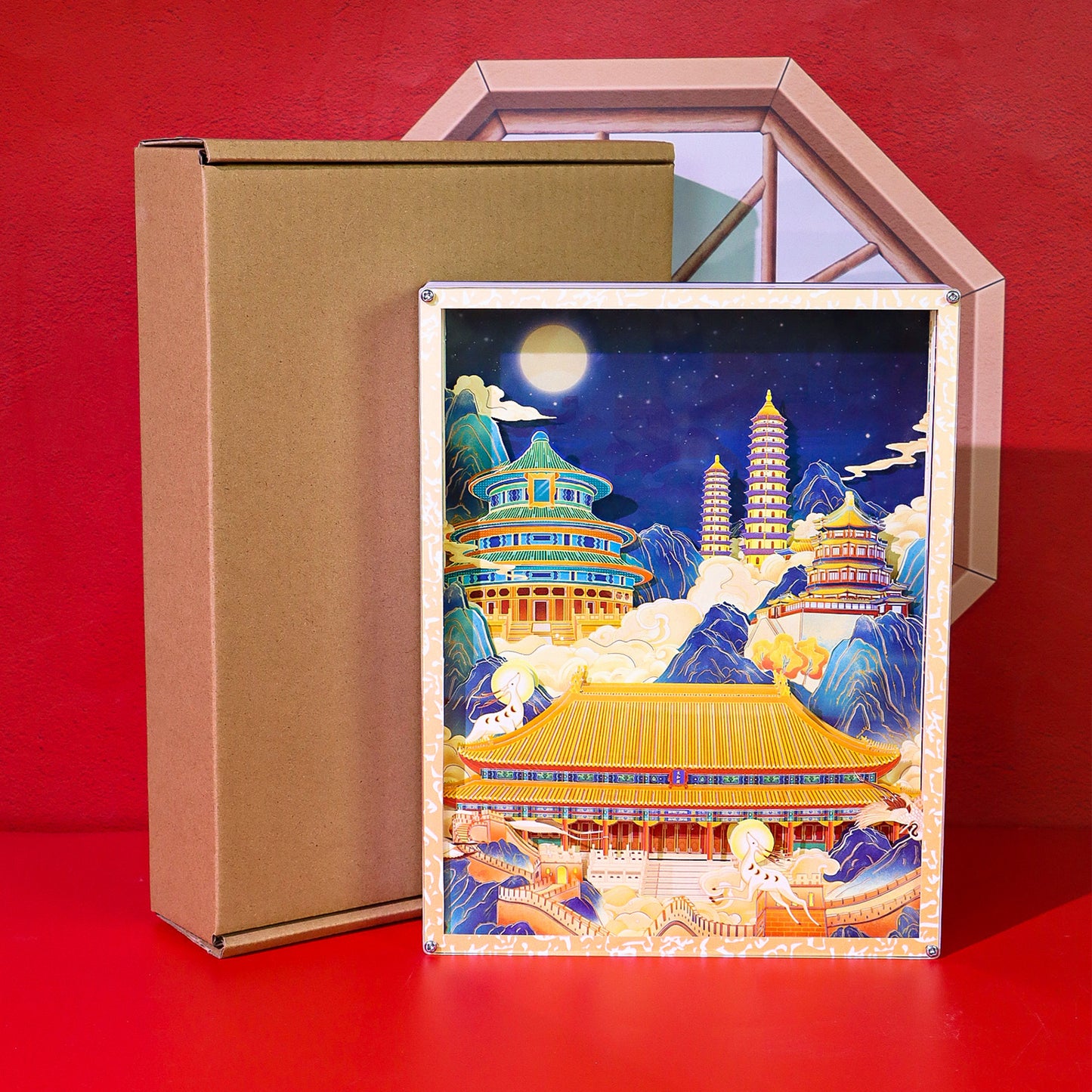 Traditional Building Style Paper Craving Lamp With Calendar Sheets(Acrylic Shadow Box Frame)