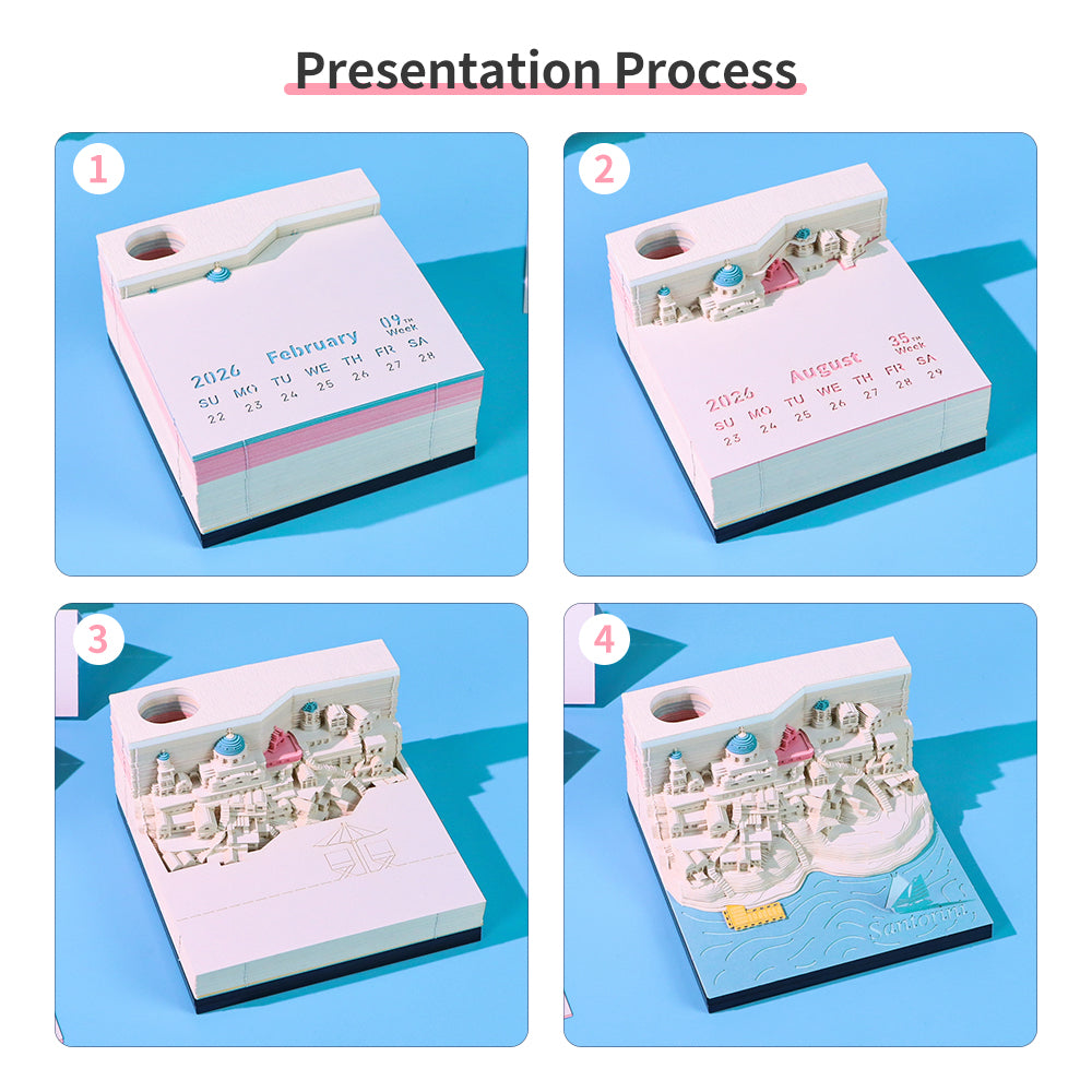 Santorini Aegean Sea 3D Model Hand Torn Memo Pad With Weekly Calendar 2026