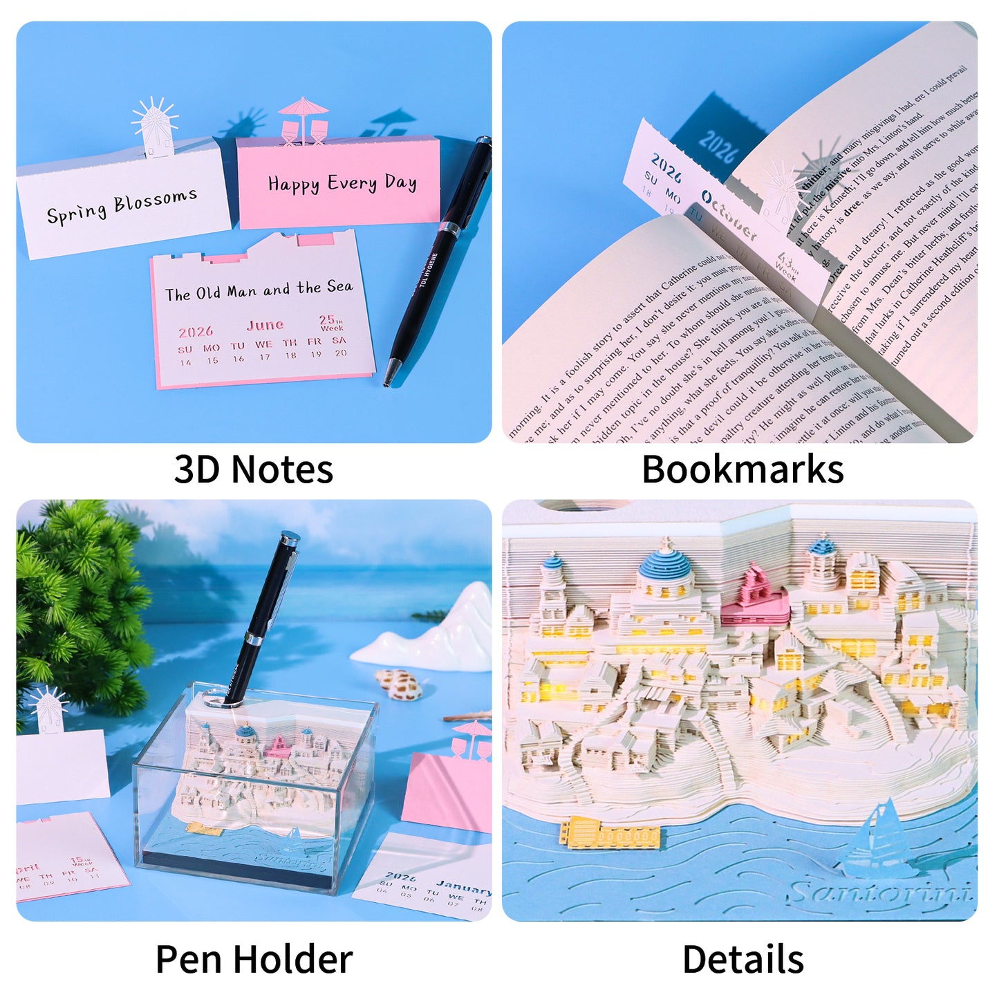 Santorini Aegean Sea 3D Model Hand Torn Memo Pad With Weekly Calendar 2026