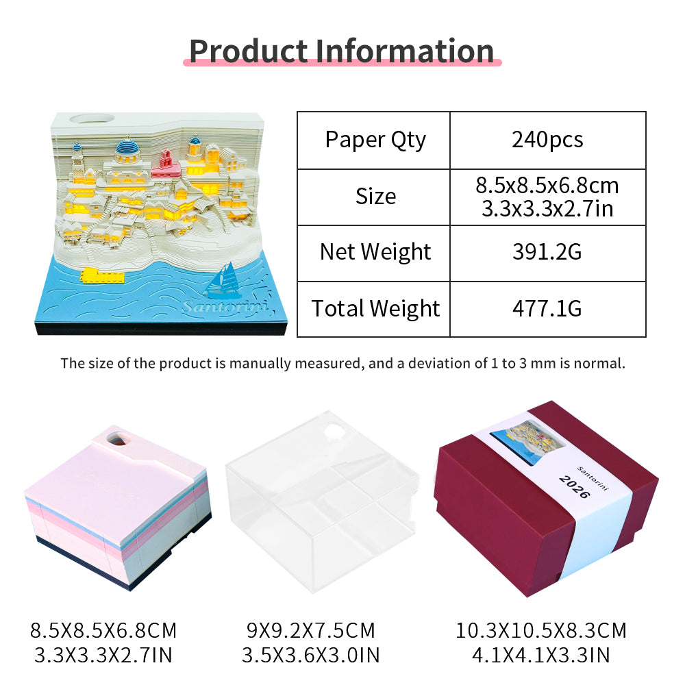 Santorini Aegean Sea 3D Model Hand Torn Memo Pad With Weekly Calendar 2026