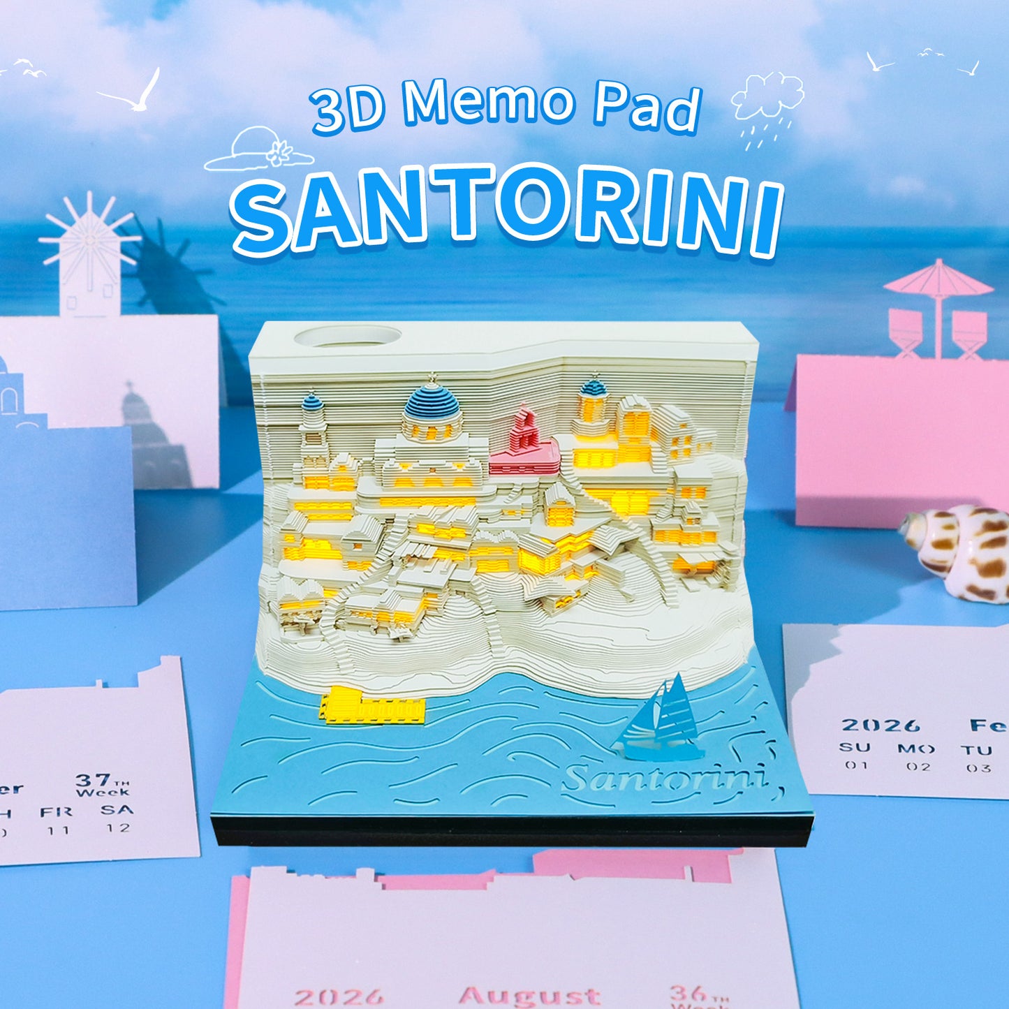 Santorini Aegean Sea 3D Model Hand Torn Memo Pad With Weekly Calendar 2026