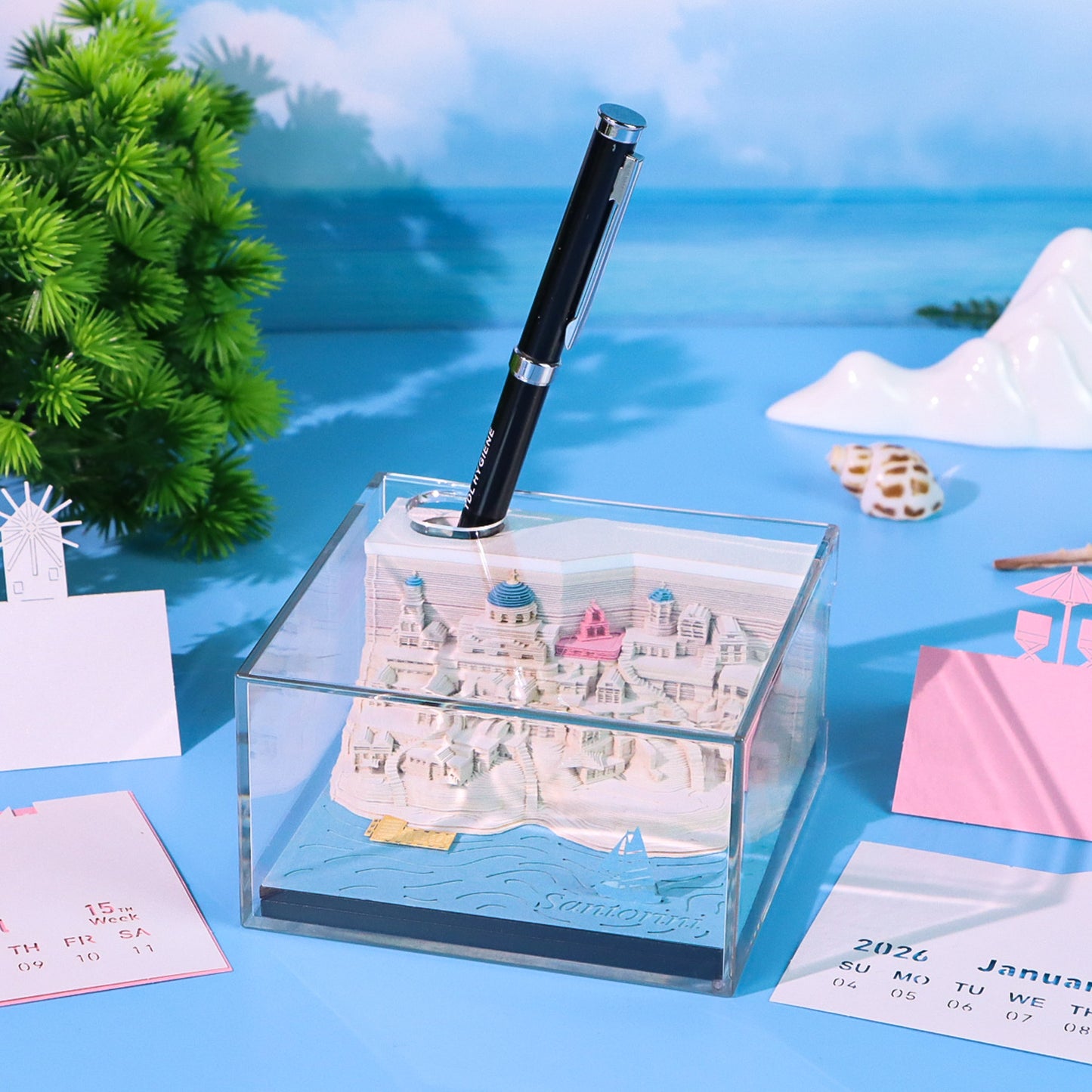 Santorini Aegean Sea 3D Model Hand Torn Memo Pad With Weekly Calendar 2026