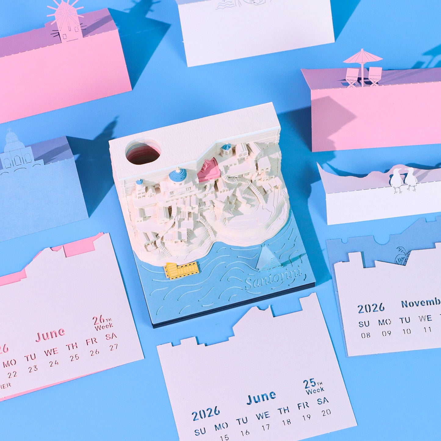 Santorini Aegean Sea 3D Model Hand Torn Memo Pad With Weekly Calendar 2026