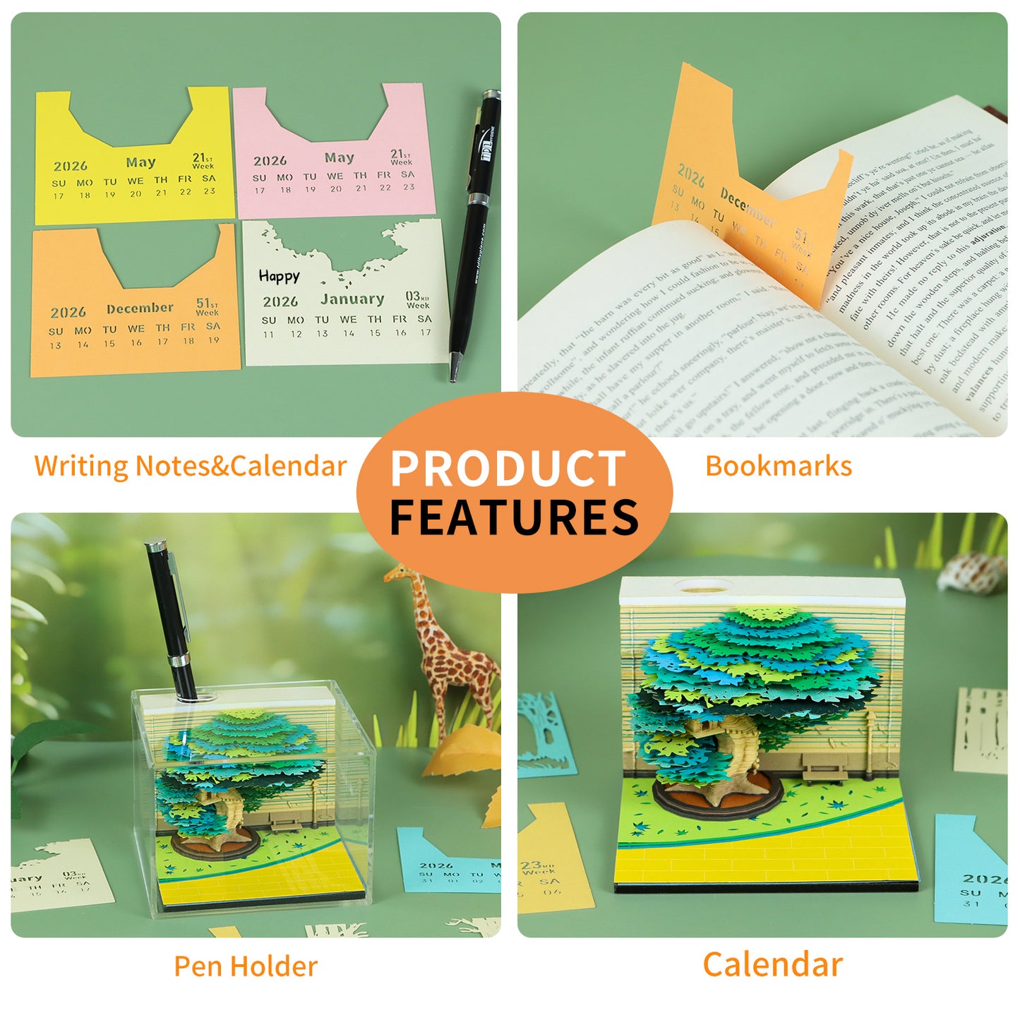 Four Season Tree 3D Model Hand Torn Memo Pad With Weekly Calendar 2026