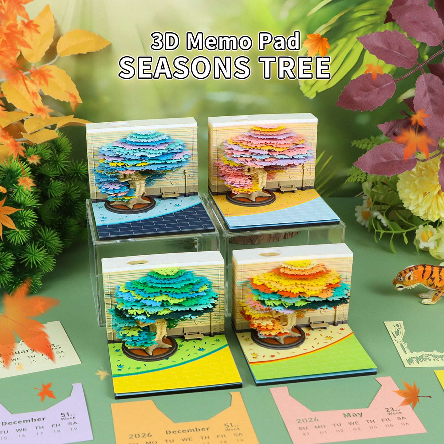 Four Season Tree 3D Model Hand Torn Memo Pad With Weekly Calendar 2026