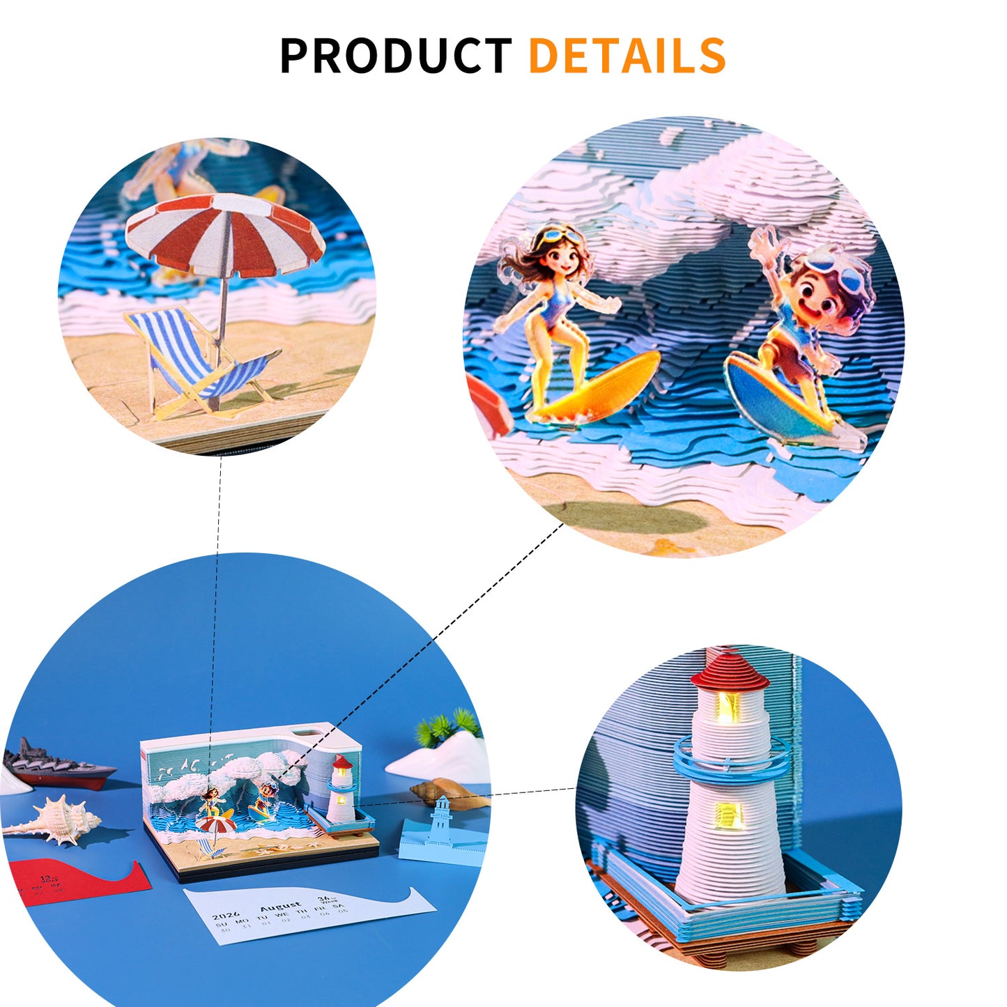 Surfing Great Wave Hand Tear off 3D Calendar Memo Pad With Light