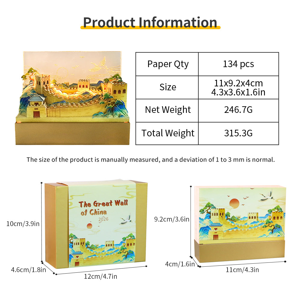 The Great Wall 3D Model Tear Off 3D Memo Pad With Light and Calendar