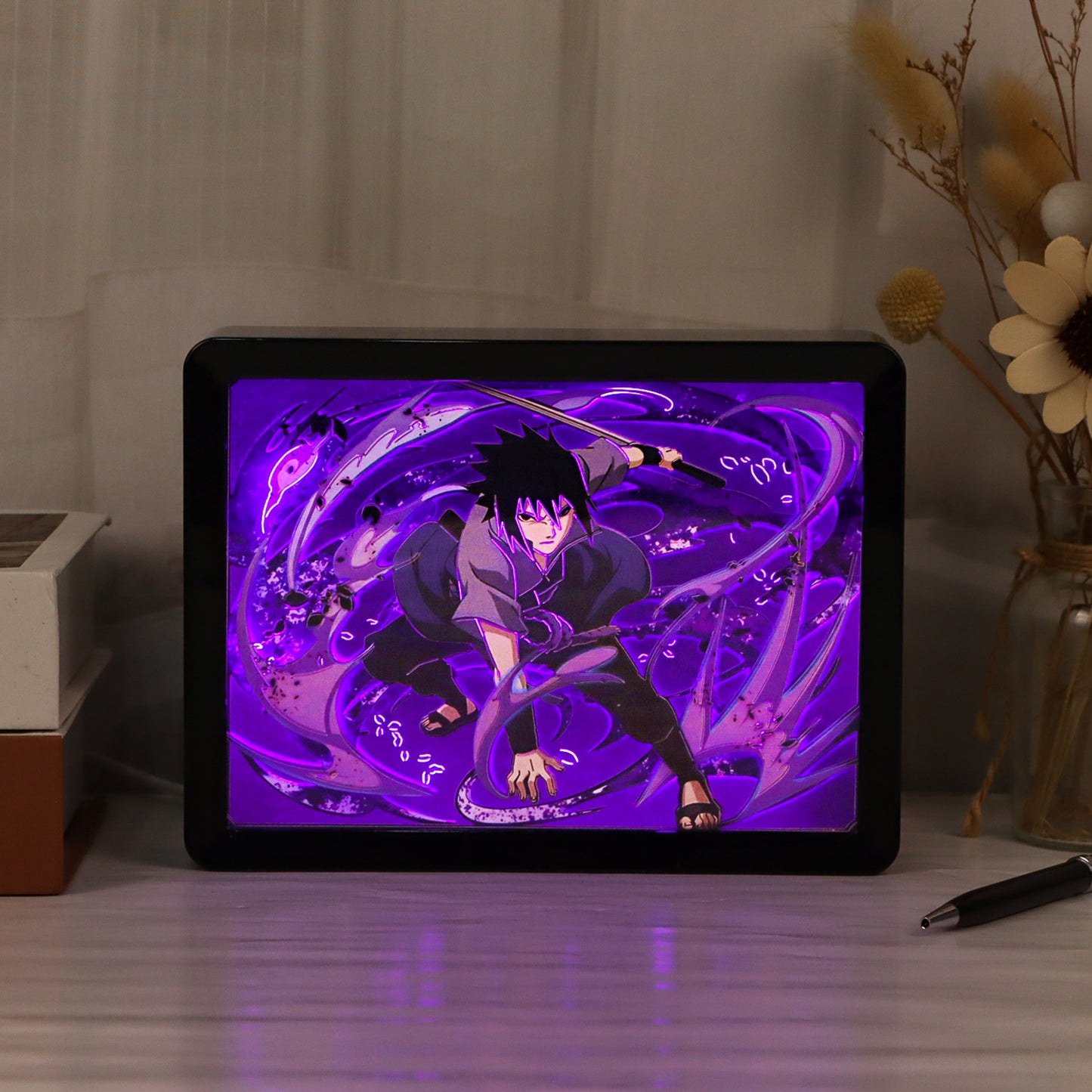 Uchiha Sasuke Naruto Anime Light Box Paper Craving Lamp（Black Shadow Box Frame）