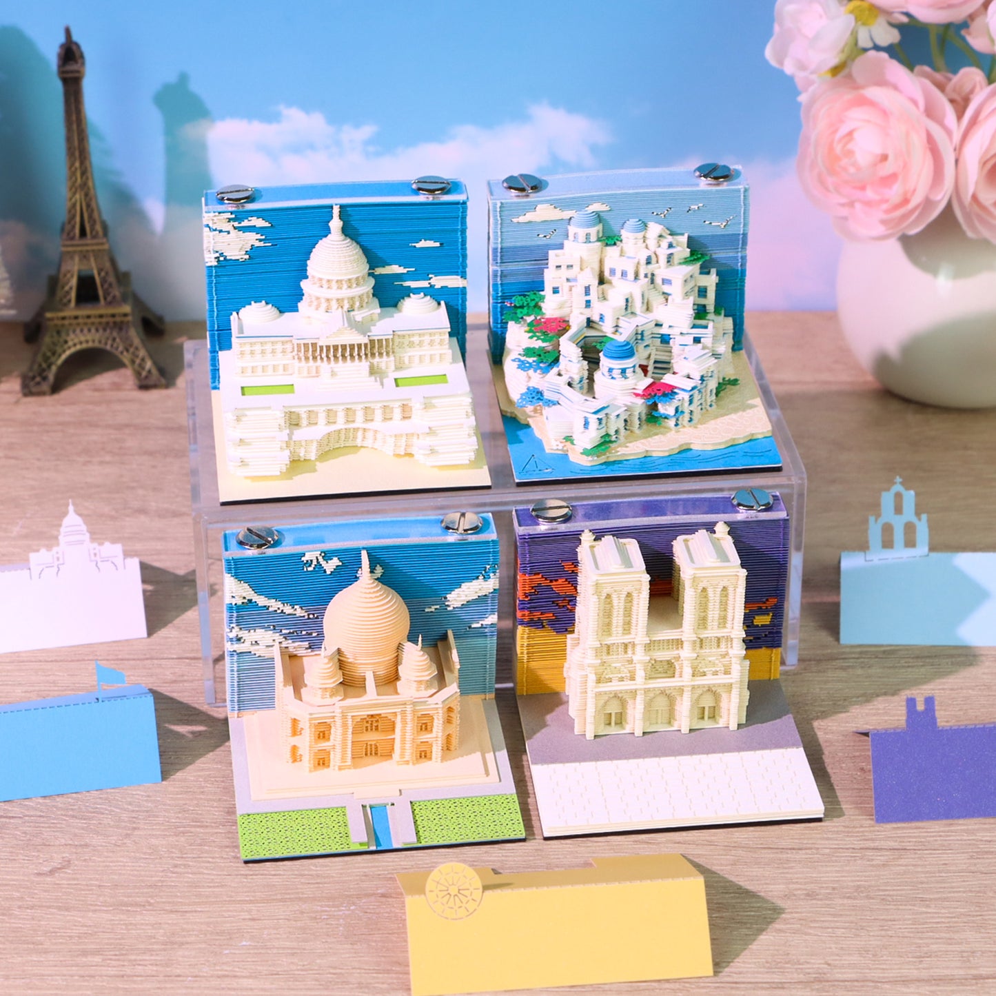 Notre Dame Cathedral,United States Capitol,Santorini and Taj Mahal 3D Miniature Model Hand Torn Memo Pad