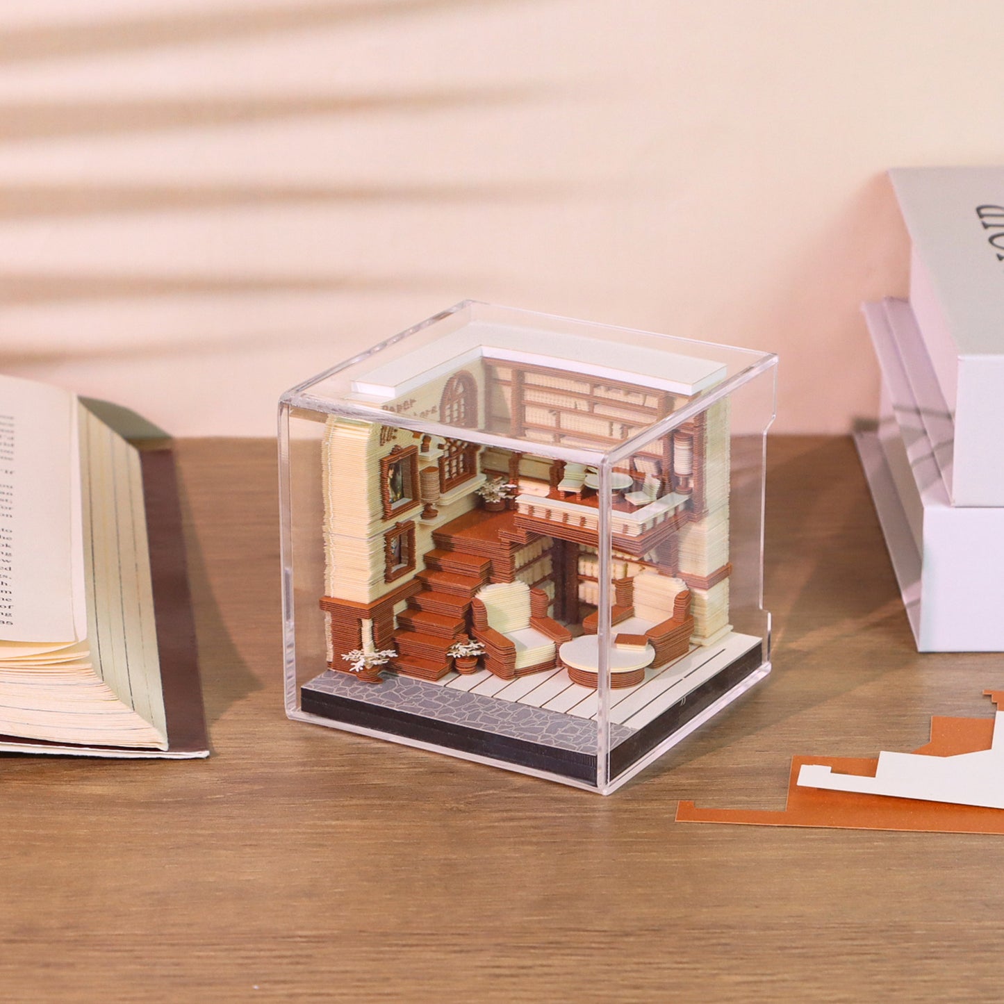 Bookstore Diorama Hand Tear off 3D Calendar Memo Pad With Light