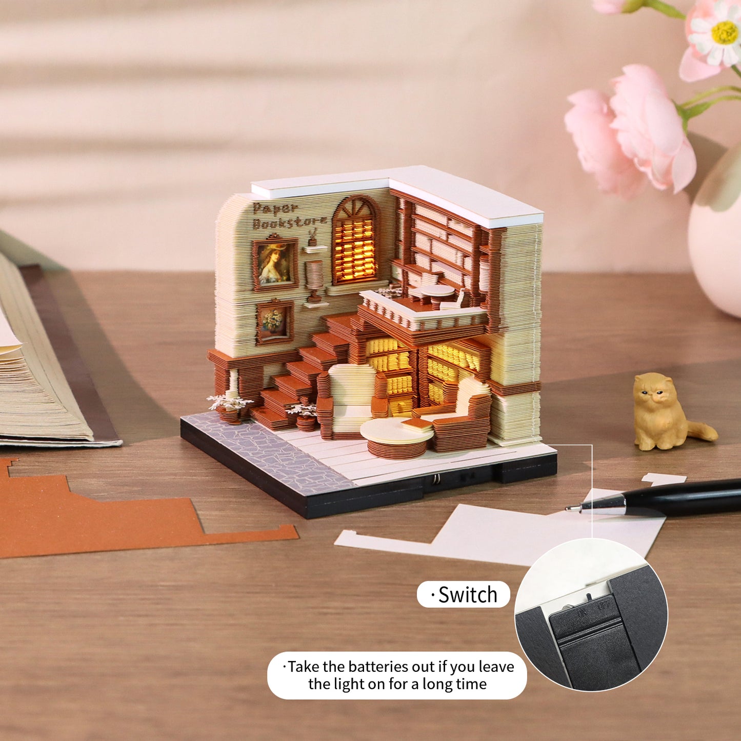 Bookstore Diorama Hand Tear off 3D Calendar Memo Pad With Light