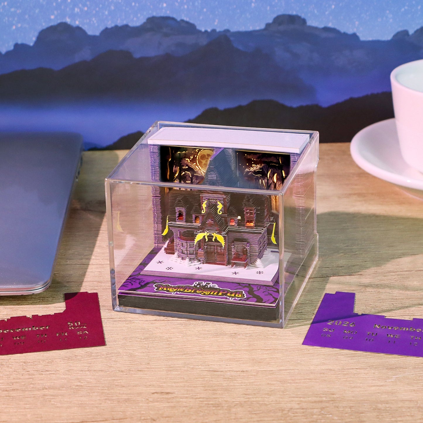 Wizard World Magic Broom Pub Miniature Hand Tear off 3D Calendar Memo Pad With Light