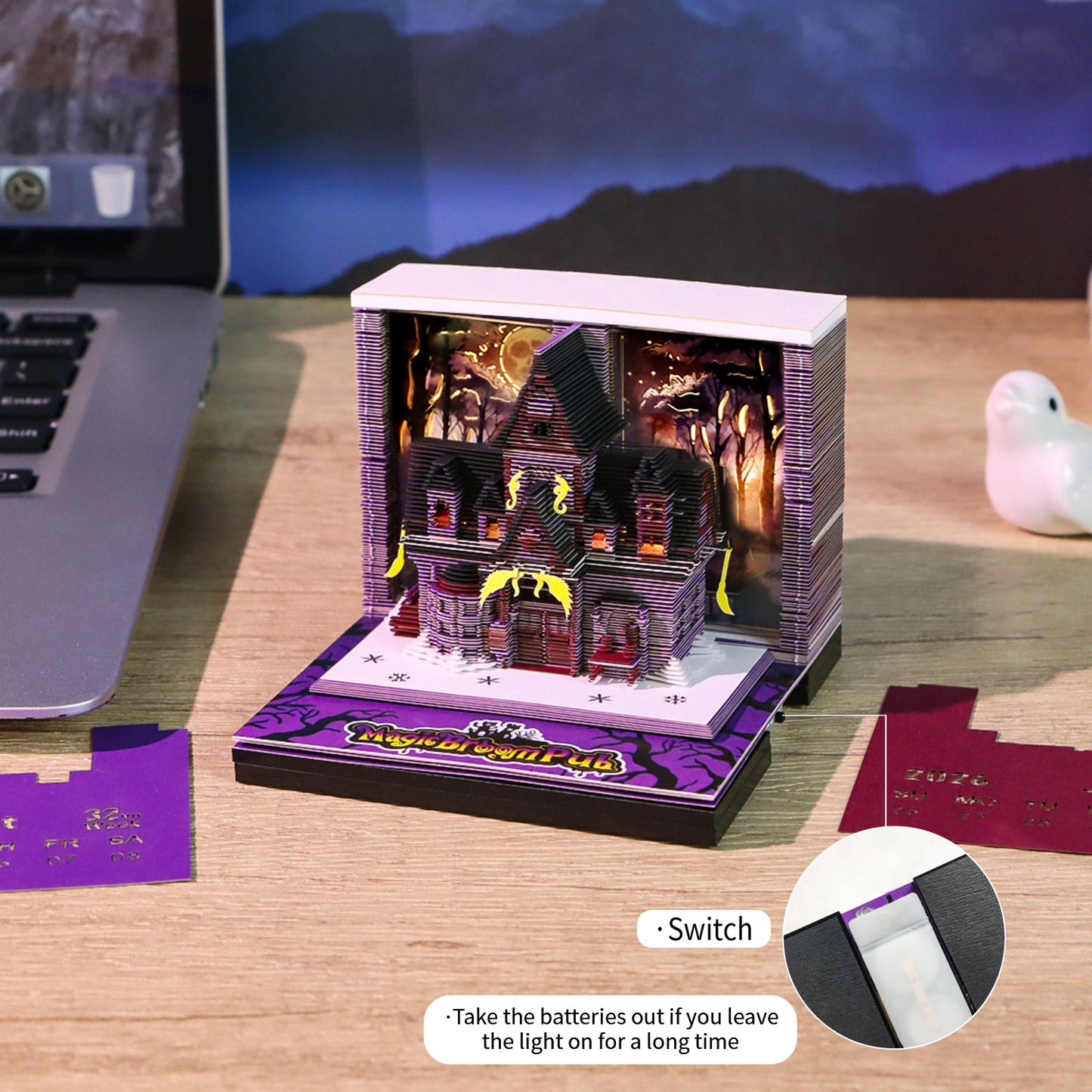 Wizard World Magic Broom Pub Miniature Hand Tear off 3D Calendar Memo Pad With Light